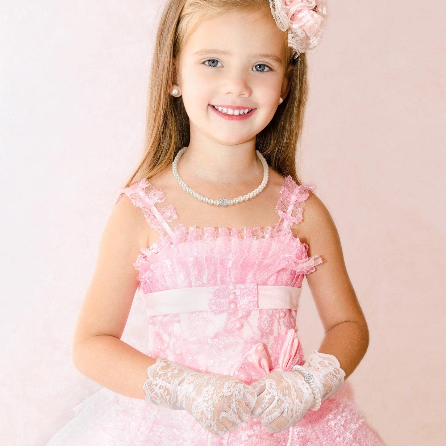 Geyoga 4 Pcs Pearl Necklace Set for Little Girls Toddler Girls Jewelry Communion Gloves for Kids Christmas Tea Party Wedding(Exquisite Style,4-8 Years)