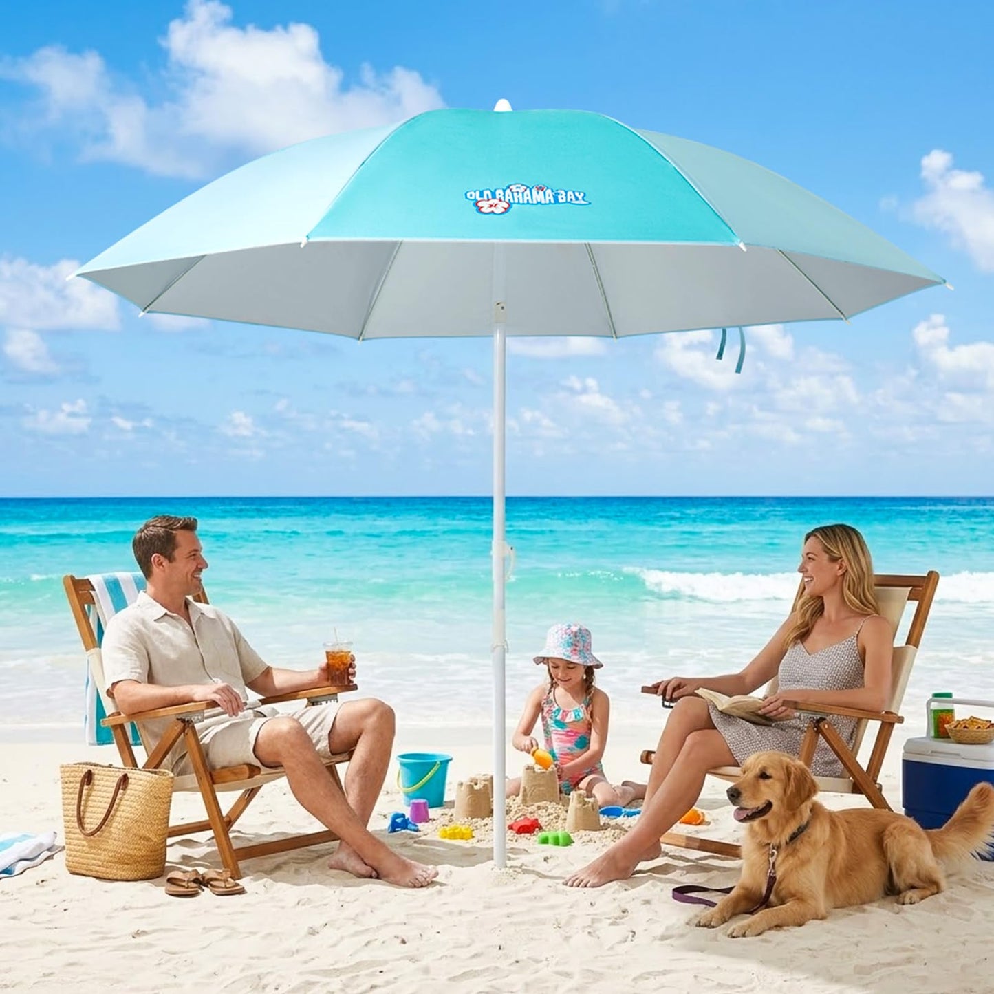 Old Bahama Bay 8ft Beach Umbrella with Sand Anchor & Tilt Mechanism, UPF 50+ UV Protection, Windproof Heavy Duty Portable Sun Shelter with Carry Bag for Beach, Garden & Backyard, Blue