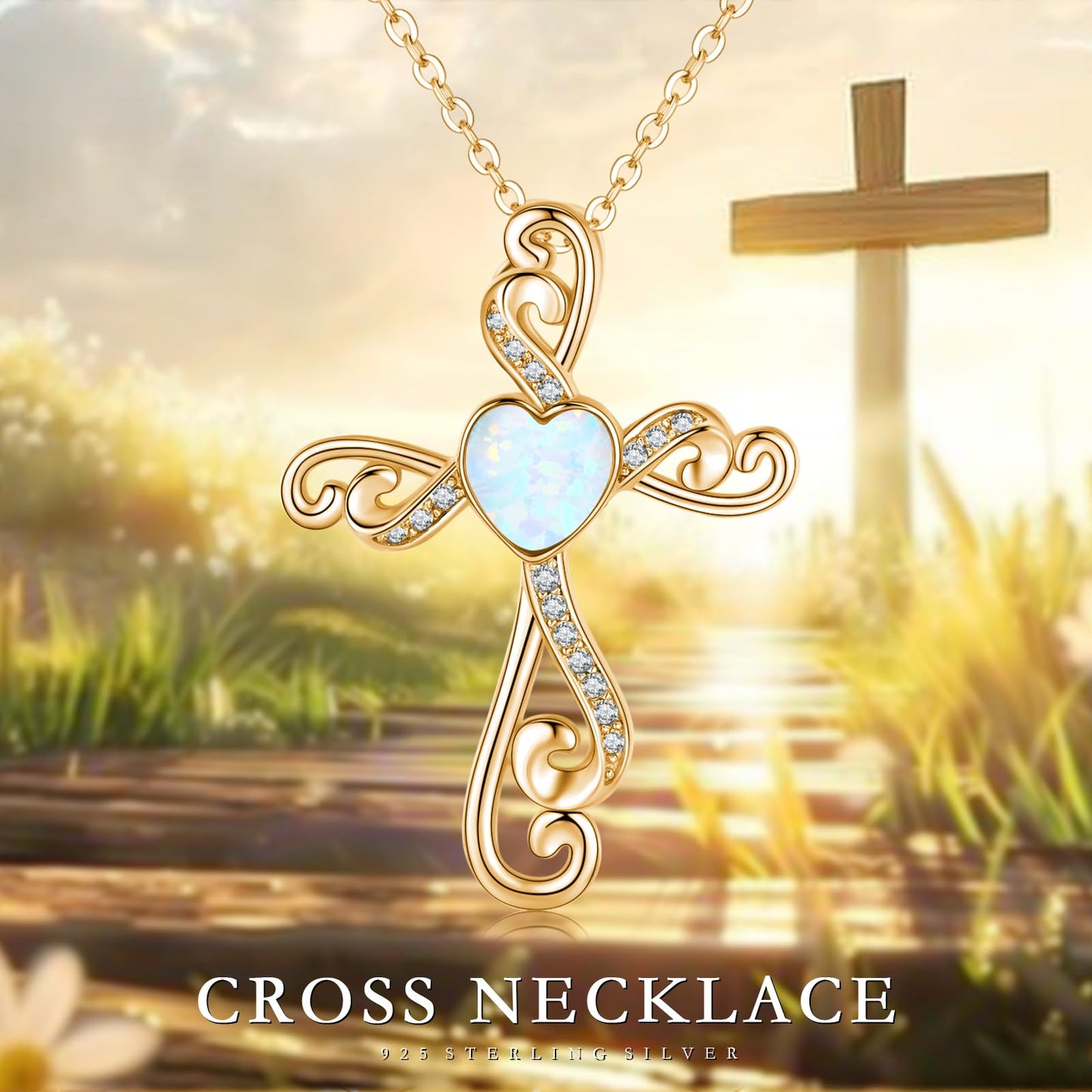 Twoowl 14K Gold Plated Cross Necklace 925 Sterling Silver White Opal Faith Pendant Religious Christian Jewelry Gifts for Mom Women