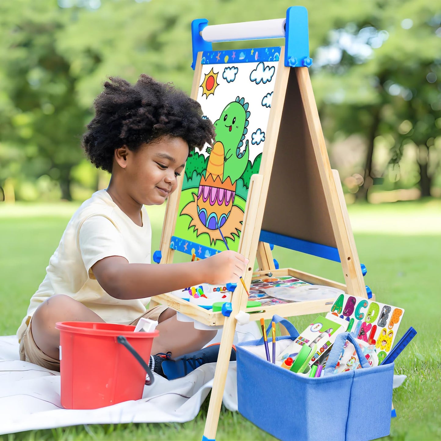Easel for Kids Toys,Toddler Art Easel, Boy Toys for Ages 5-7,Adjustable Wooden Magnetic White Board and Chalk Board with Art Supplies, 4 5 6 7 8 9 10 Year Old Boys Birthday Gifts