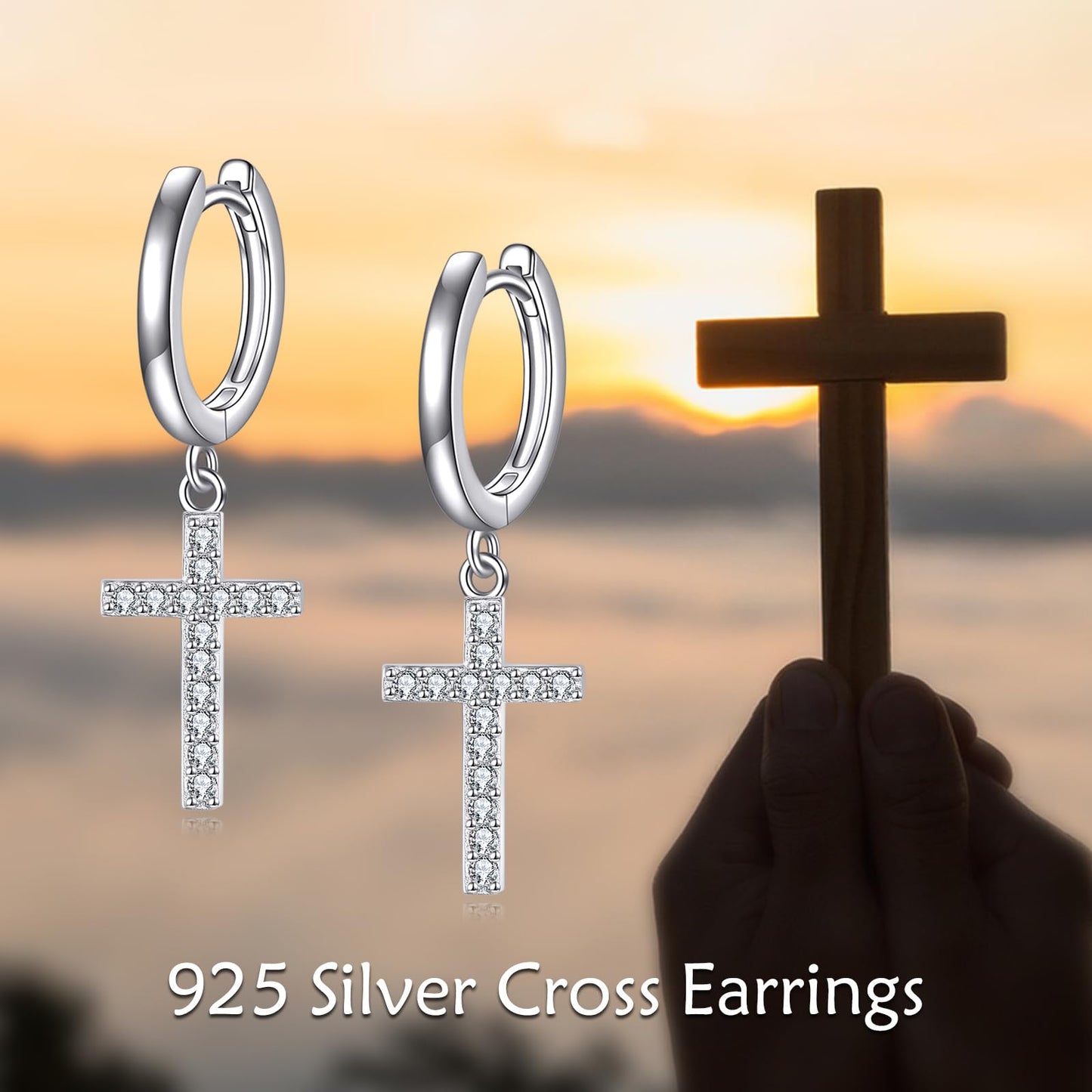 Hanging Cross Hoop Earrings Sterling Silver Diamond Cross Dangle Earrings Religious Jewelry Gifts for Women