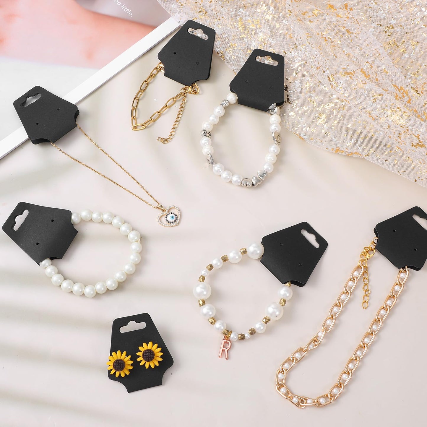 500pcs Jewelry Display Cards,Adhesive Necklace Cards Paper Bracelet Necklace Display Cards,Blank Card Hanging Holder for Choker Earring Hairband Displaying Small Business Supplies(Black)