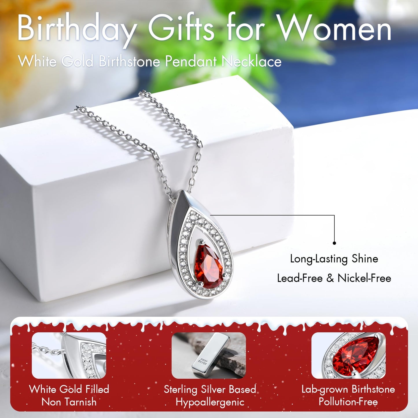Kstyle 925 Sterling Silver Garnet January Birthstone Pendant Necklace Teardrop Jewelry Valentine's Day Anniversary Birthday Gift for Wife Girlfriend Mom Sister Non Tarnish