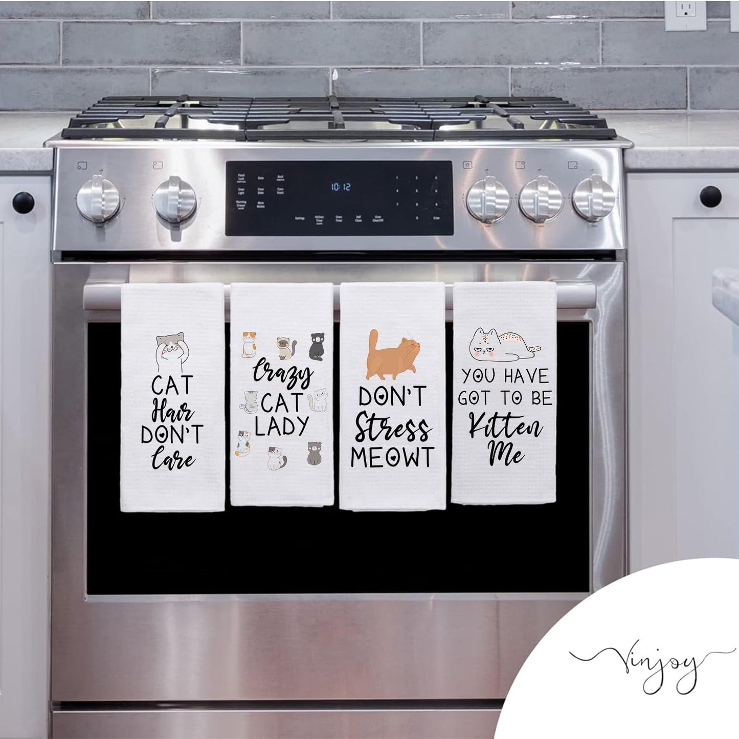 Vinjoy Funny Cat Puns Kitchen Dish Towels Set of 4 – Microfiber Waffle Tea Towels – Housewarming Gifts, Cat Lady Kitchen Gifts, Decorative and Functional Funny Towels for Home, Wedding, Secret Santa