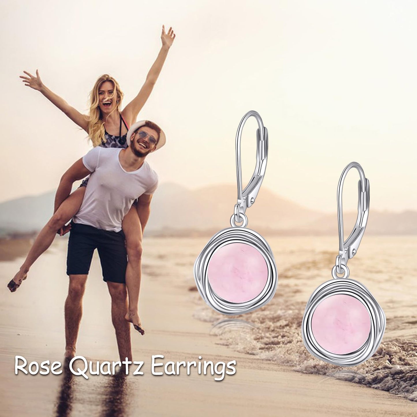 POPLYKE Rose Quartz Earrings Dangle for Women 925 Sterling Silver Leverback Earrings for Women Rose Quartz Jewelry Birthday