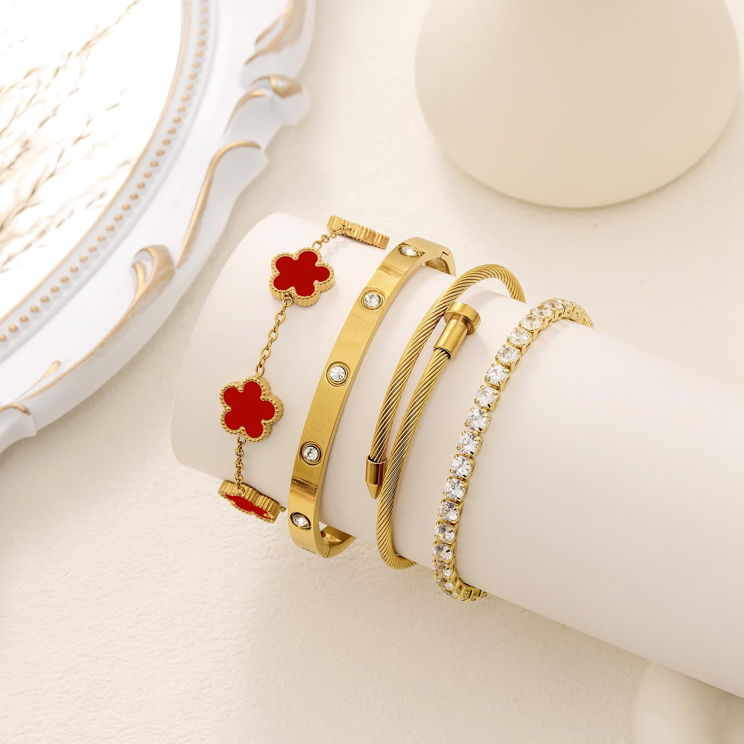 MEIERYA 18K Gold Plated Womens Stackable Floral Bracelets Set,Twisted Cable Bangle,Trendy Jewelry,Waterproof adjustable bracelet,Christmas Birthday Gifts for Girlfriend or Mother. (07-Color-red)