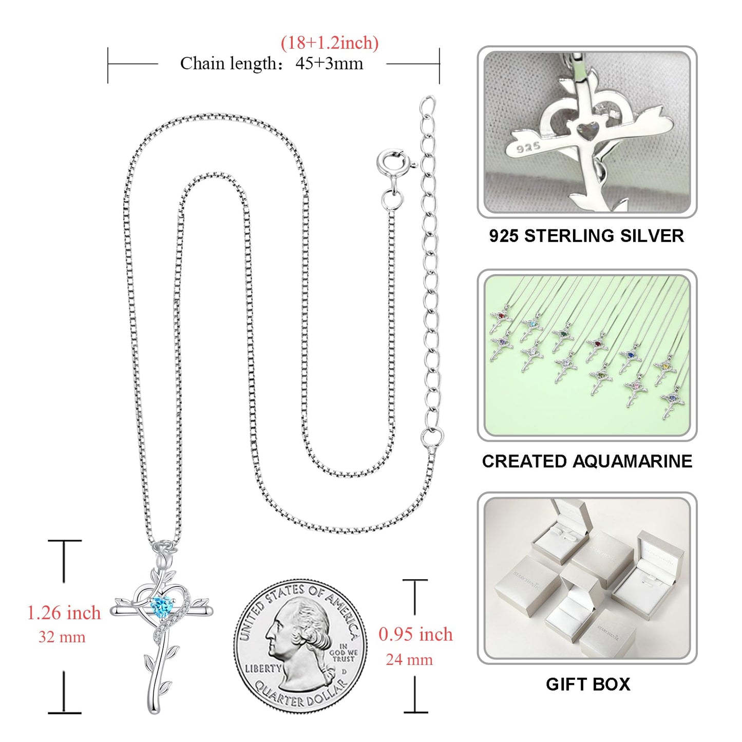 STARCHENIE Rose Cross Necklace 925 Sterling Silver Heart Crucifix Pendant Created Aquamarine Jewelry for Women