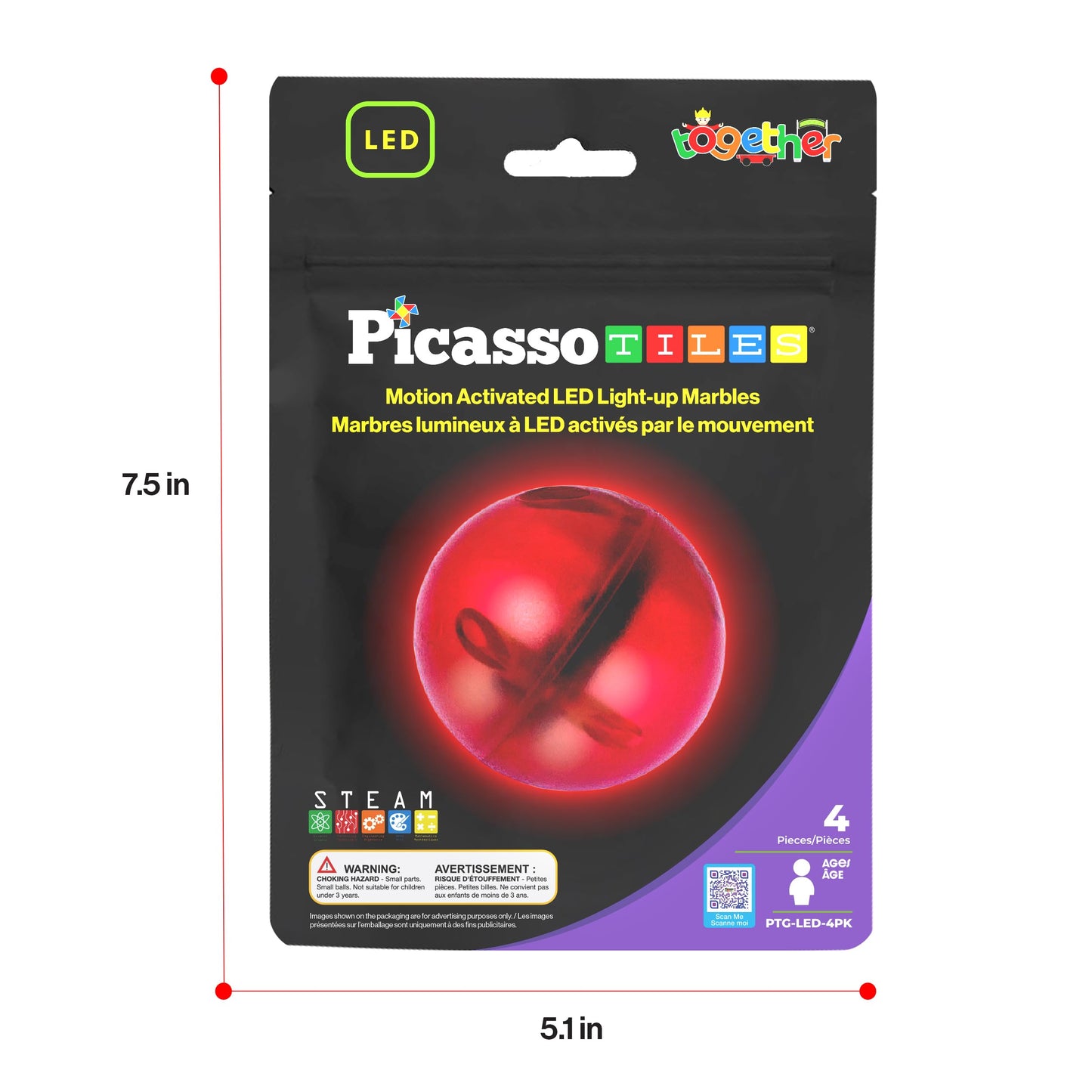 PicassoTiles Motion Activated Marbles 4pc LED Light-Up Glow in The Dark Translucent Balls for Marble Run Race Racetrack Maze Magnetic Construction Magnet Tiles Building Block STEM Education Kids Toys