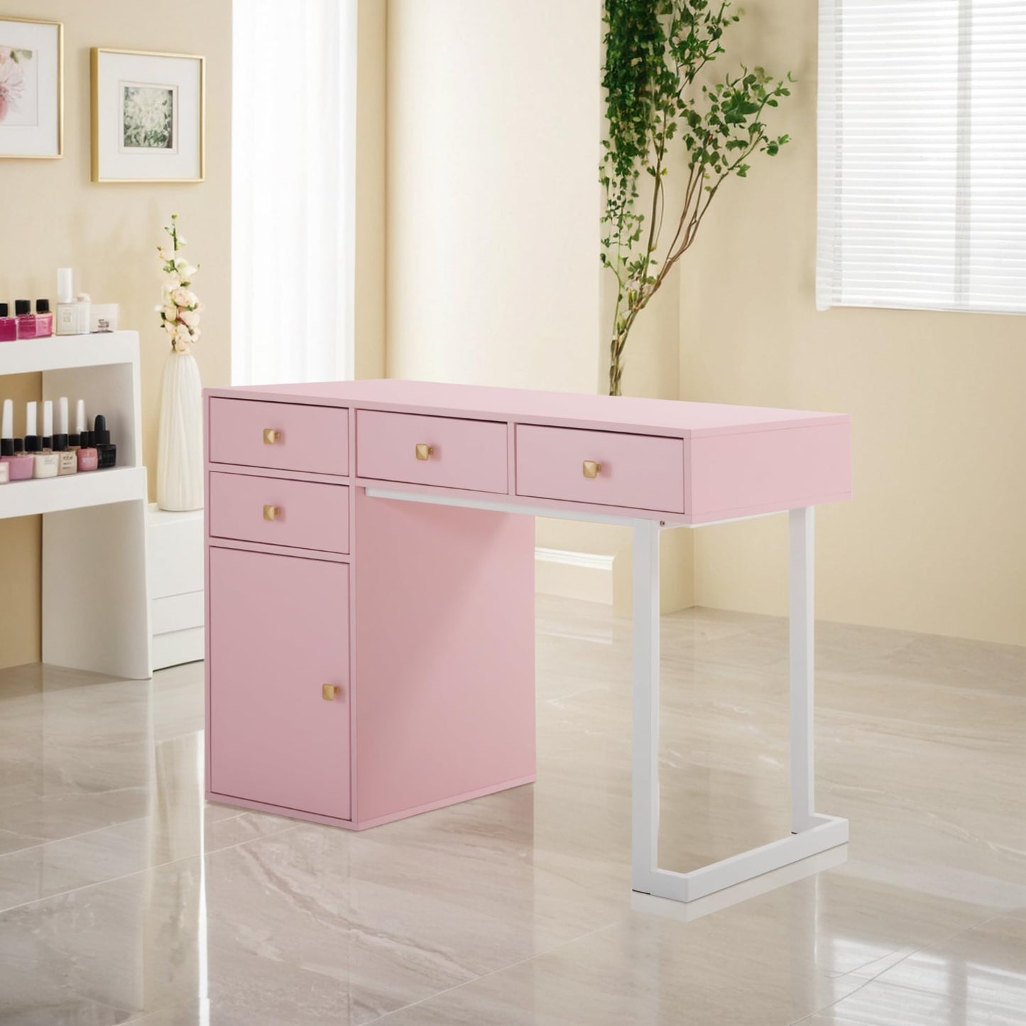 BarberPub Beauty Manicure Table with Storage Drawers, Nail Salon Desk for Nail Tech, Makeup Station with Round Handles, Beauty Equipment with Display Open Space 2990 (White&Pink)