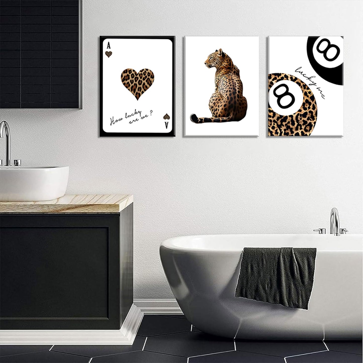 Trendy Leopard Wall Art Set of 3 Cheetah Print Canvas Wall Decor Lucky 8 Ball Paintings Posters Prints Preppy Room Aesthetic Pictures Artwork for Living Room Bedroom Apartment Dorm 12x16inch Framed