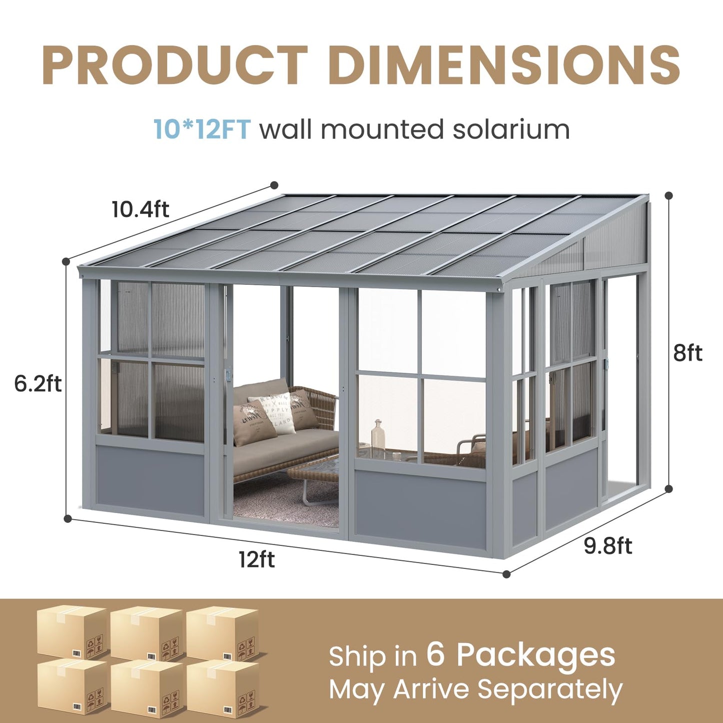 YOLENY 10x12 FT Wall Mounted Sunroom with Polycarbonate Sloping Roof, 3-Side Lockable Entrance & Removable PC Screen, Outdoor Permanent Sun Room Lean to Gazebo for Deck Patio, Grey