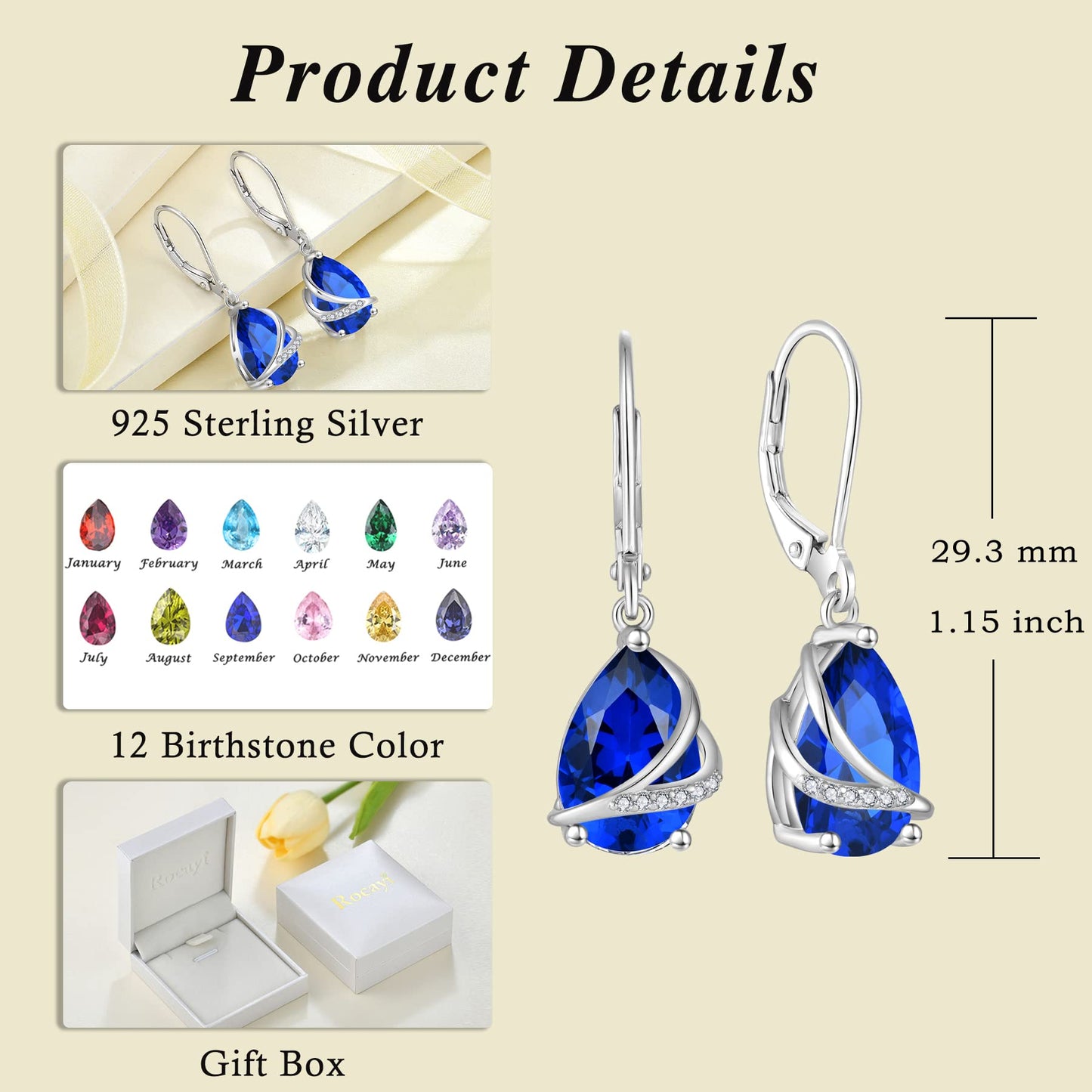 Rocayi September Birthstone Dangle Drop Earrings for Women 925 Sterling Silver Sapphire Earrings Teardrop Leverback Jewelry Gifts for Wife Girlfriend Mother Daughter Her