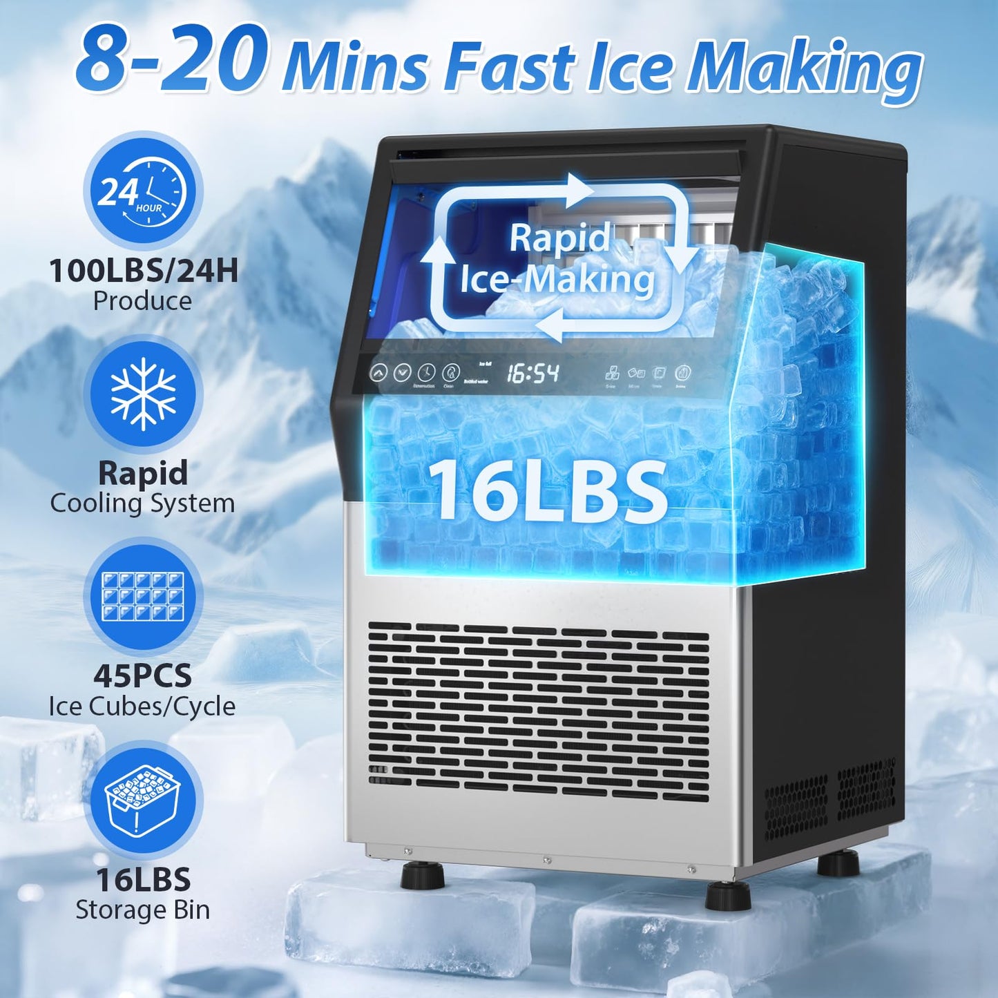 Commercial Ice Maker, 100LBS/24H Undercounter/Freestanding Ice Machine with Self-Priming Gallon Water& Facuet Water Inlet, Self-Cleaning, 3 Ice Thickness,16LBs Storage Bin for Home, Office,Garage