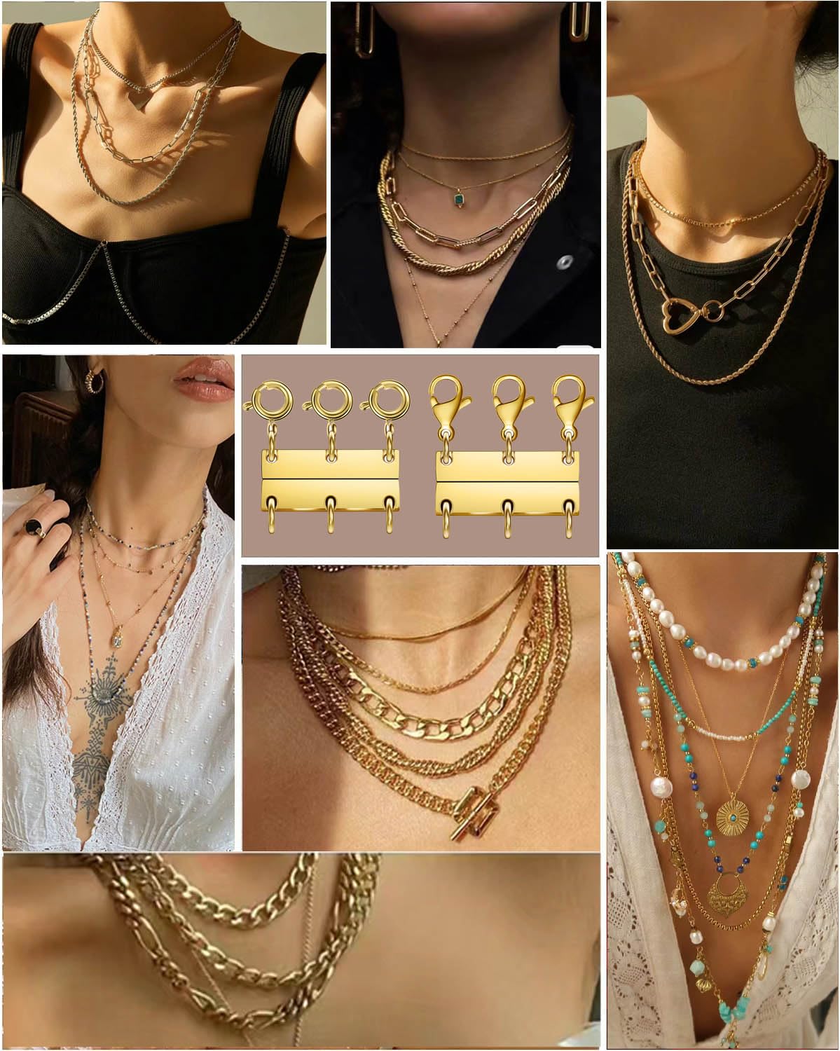 Layering Magnetic Necklace Clasps, Multiple Necklace Clasp,Necklace Clasps for Layered Look,Stainless Steel Chain Link Clasps for Necklaces and Bracelets, Silver, Gold (3golden 3silver A)