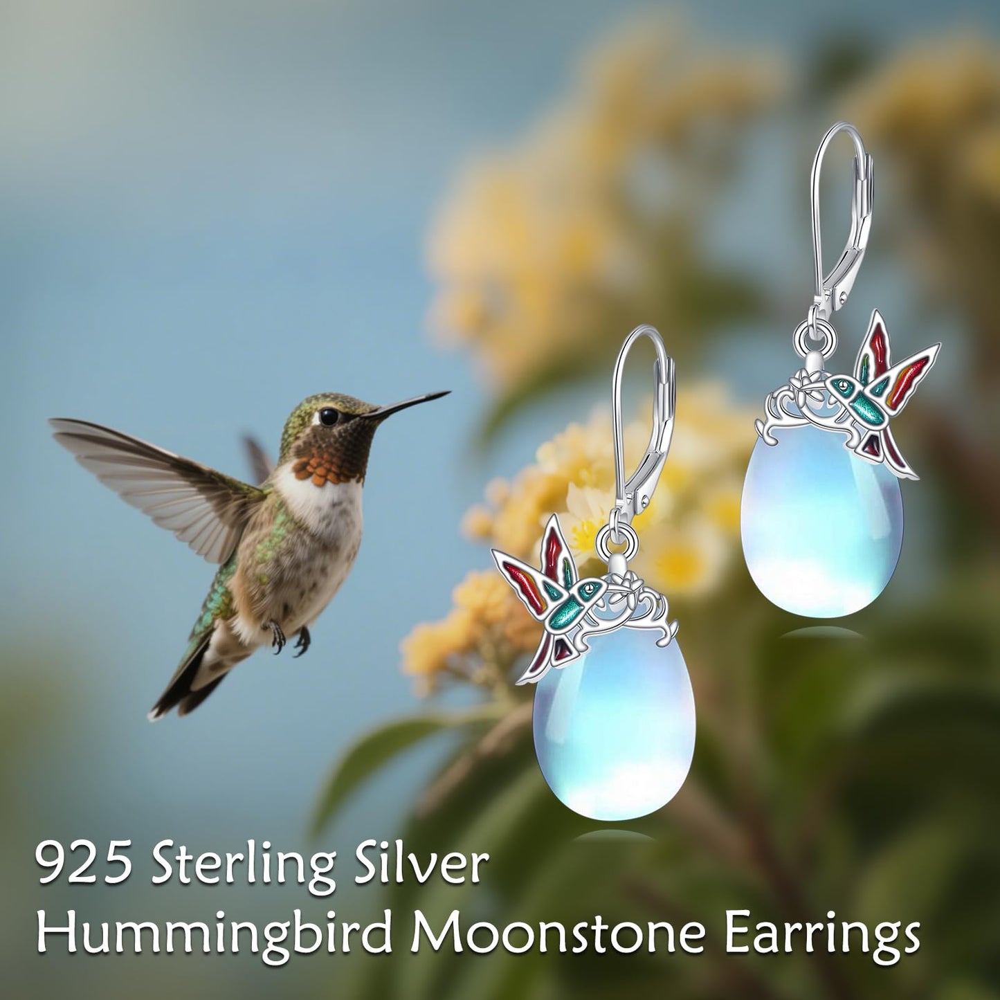 TIGER RIDER Hummingbird 925 Sterling Silver French Clasp Leverback Earrings Moonstone Pendant Jewelry Gift for Women