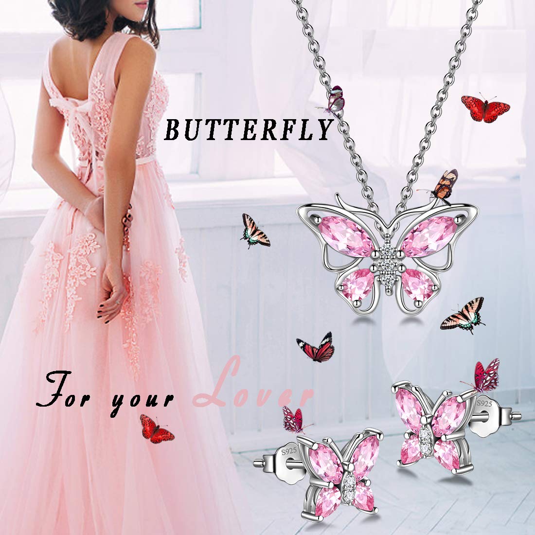 Hipunk Butterfly Pink Jewelry Sets Birthstone Women 925 Sterling Silver October-Tourmaline Birth Stone Animal Butterflies Jewelry Sets/Earring Set Crystal Birthday Jewelry SS0001O