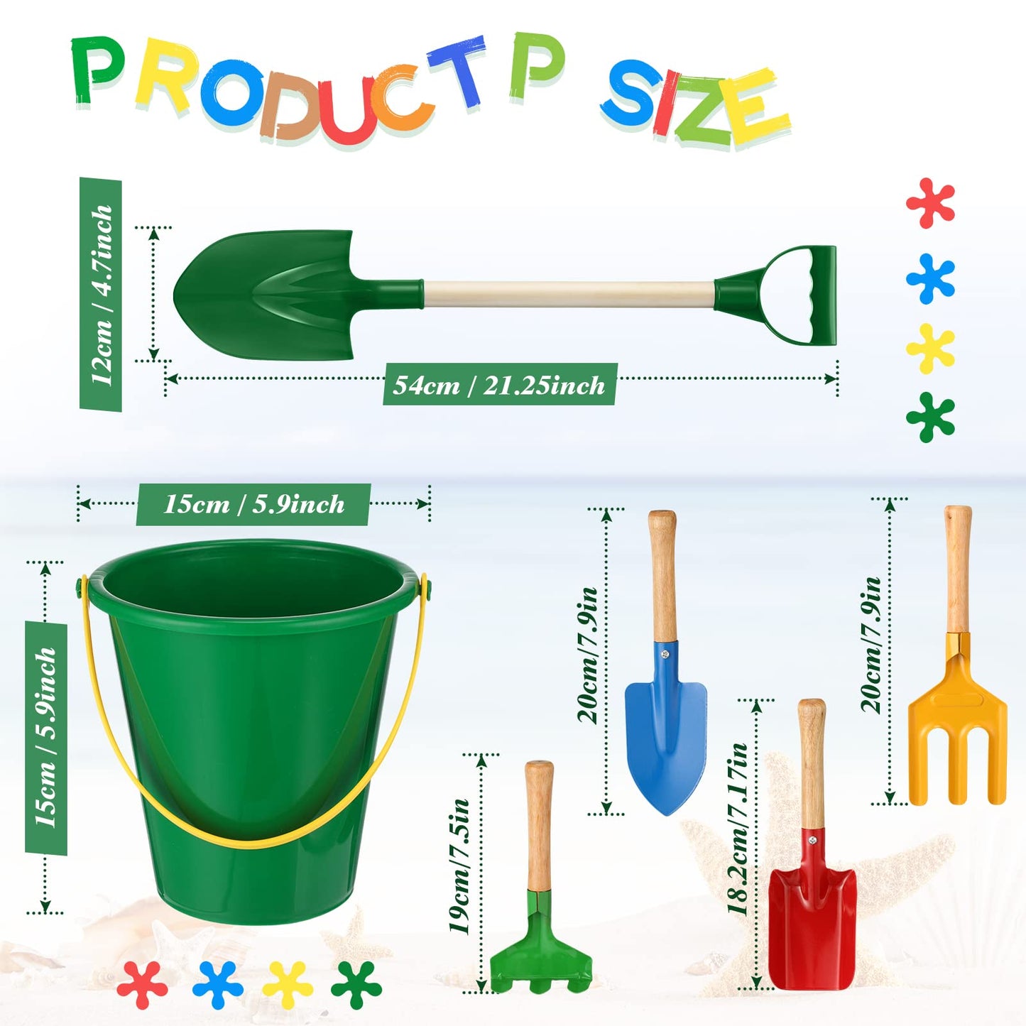 Jexine 12 Pcs Sand Buckets and Shovels for Kids Beach Sand Toys Bulk 12 Plastic Beach Buckets and 12 22 Inches Gardening Shovel with Wooden Handle Summer Toys for Boys and Girls, 4 Colors