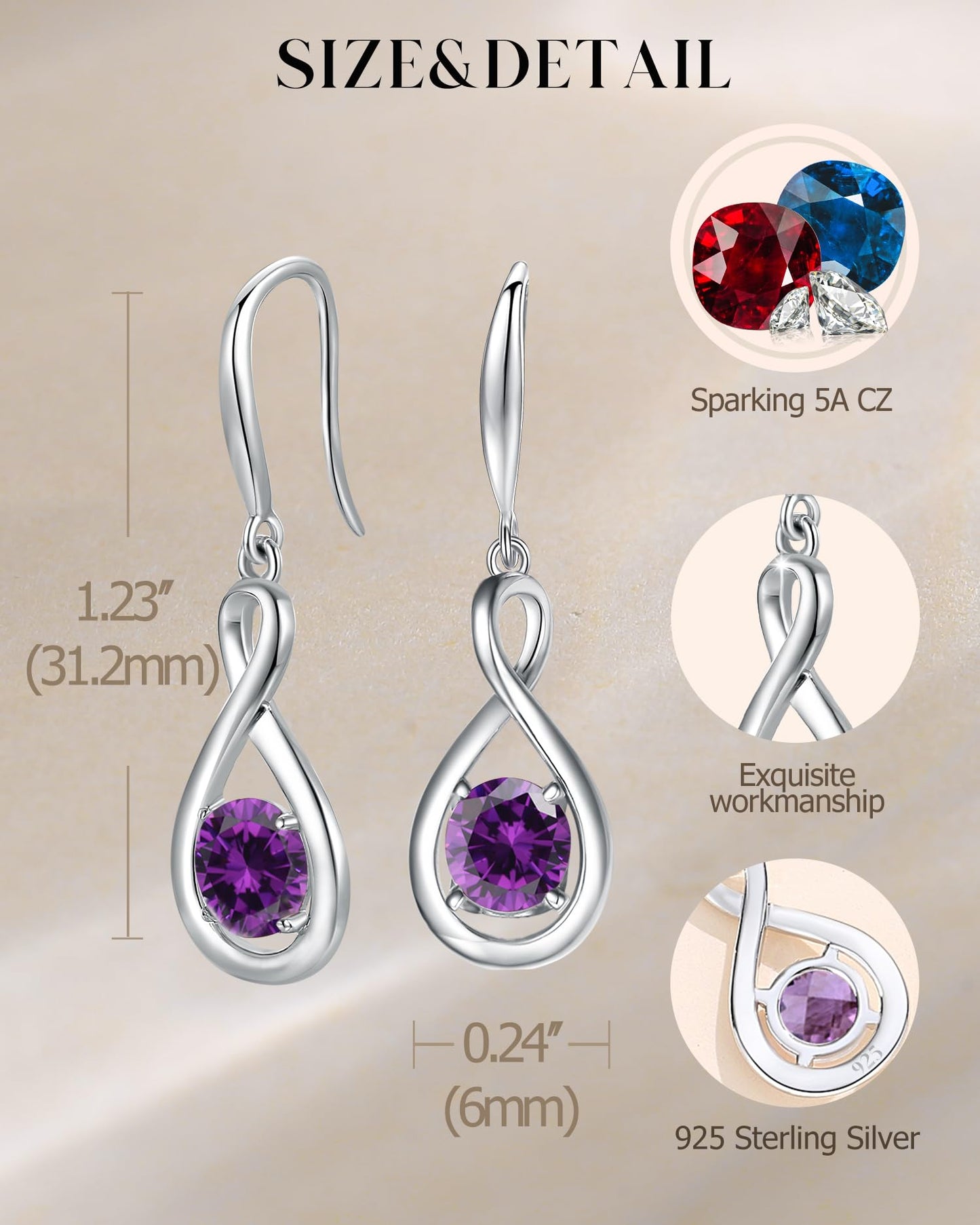 FANCIME Amethyst Dangle Drop Earrings 925 Sterling Silver Dainty Infinity Purple Gemstone February Birthstone Earring Fine Jewelry Birthday Mothers Day Gifts for Mom Wife Her Women