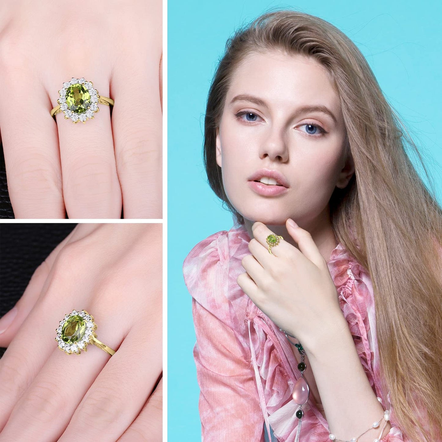 JewelryPalace Princess Diana Kate Middleton Gemstone Birthstone Genuine Peridot Halo Statement Engagement Rings for Women, 14K Yellow Gold Plated 925 Sterling Silver Promise Rings for Her Size 10.5