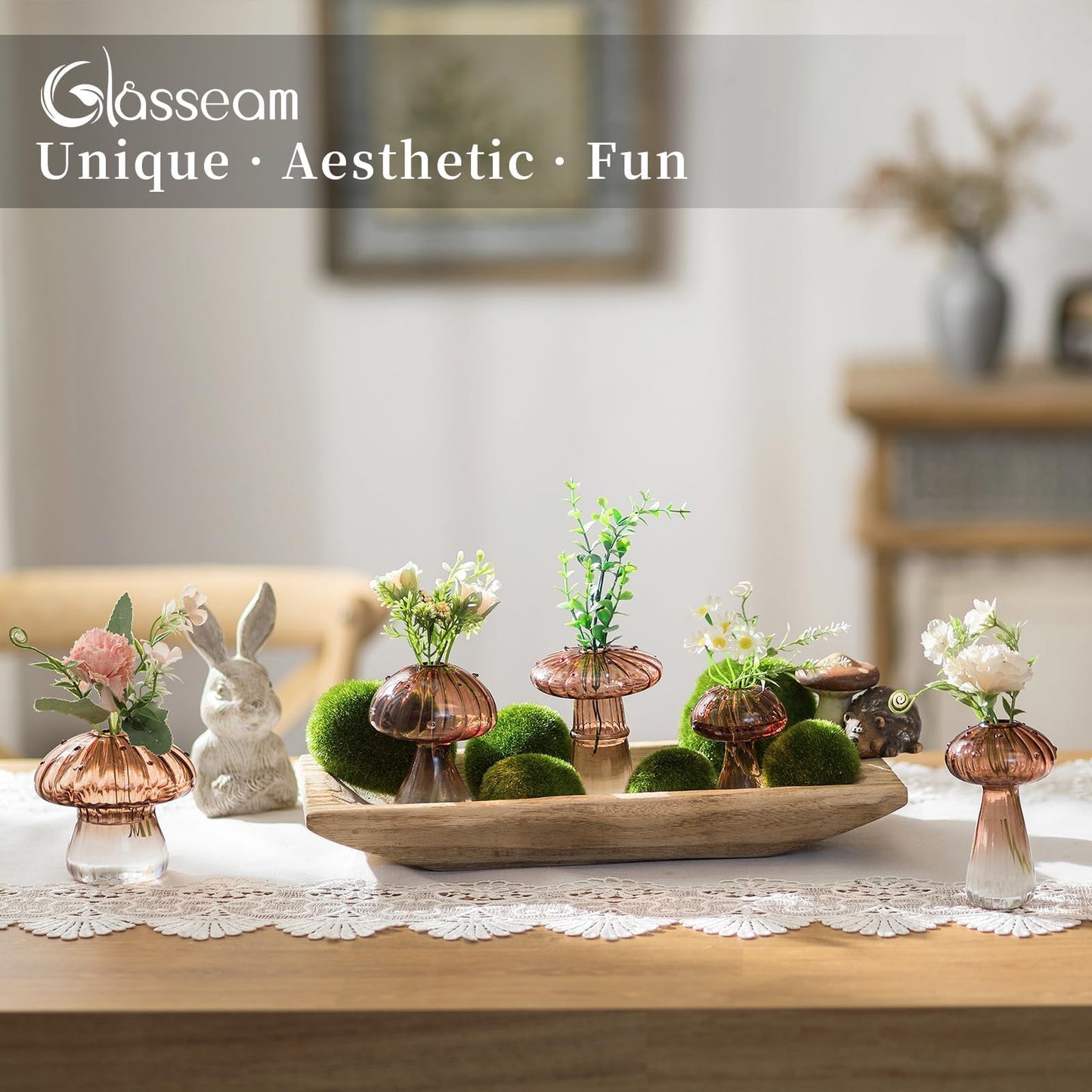 Glasseam Mushroom Plant Propagation Stations: Amber Glass Terrarium Jar Set of 5 Cute Planters for Indoor Plants Mini Propagate Station Unique Christmas Birthday Gifts for Women Home Office Decor