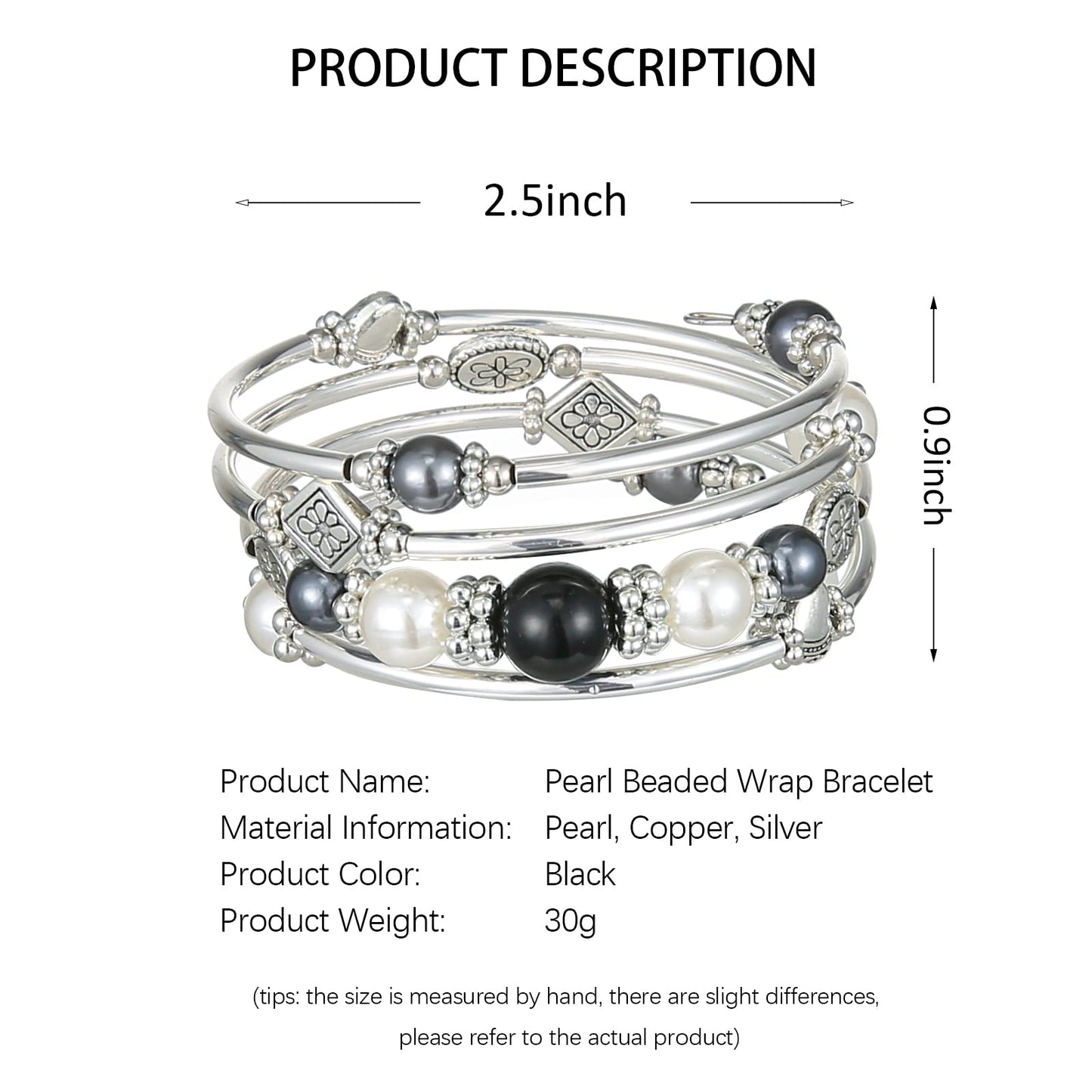 FULU AUTUMN Beaded Pearl Bangle Bracelets for Women Silver Wrap Bangles Bracelet Womens Costume Jewelry Fashion Gift(18-Black)