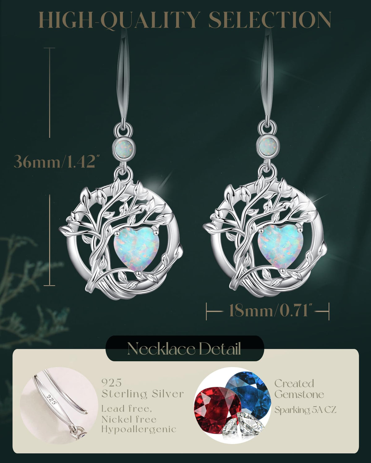 FANCIME Tree of Life Earrings 925 Sterling Silver Dainty Opal Dangle Drop Gemstone Earring October Birthstone Fine Jewelry Birthday Mothers Day Gifts for Mom Her Women