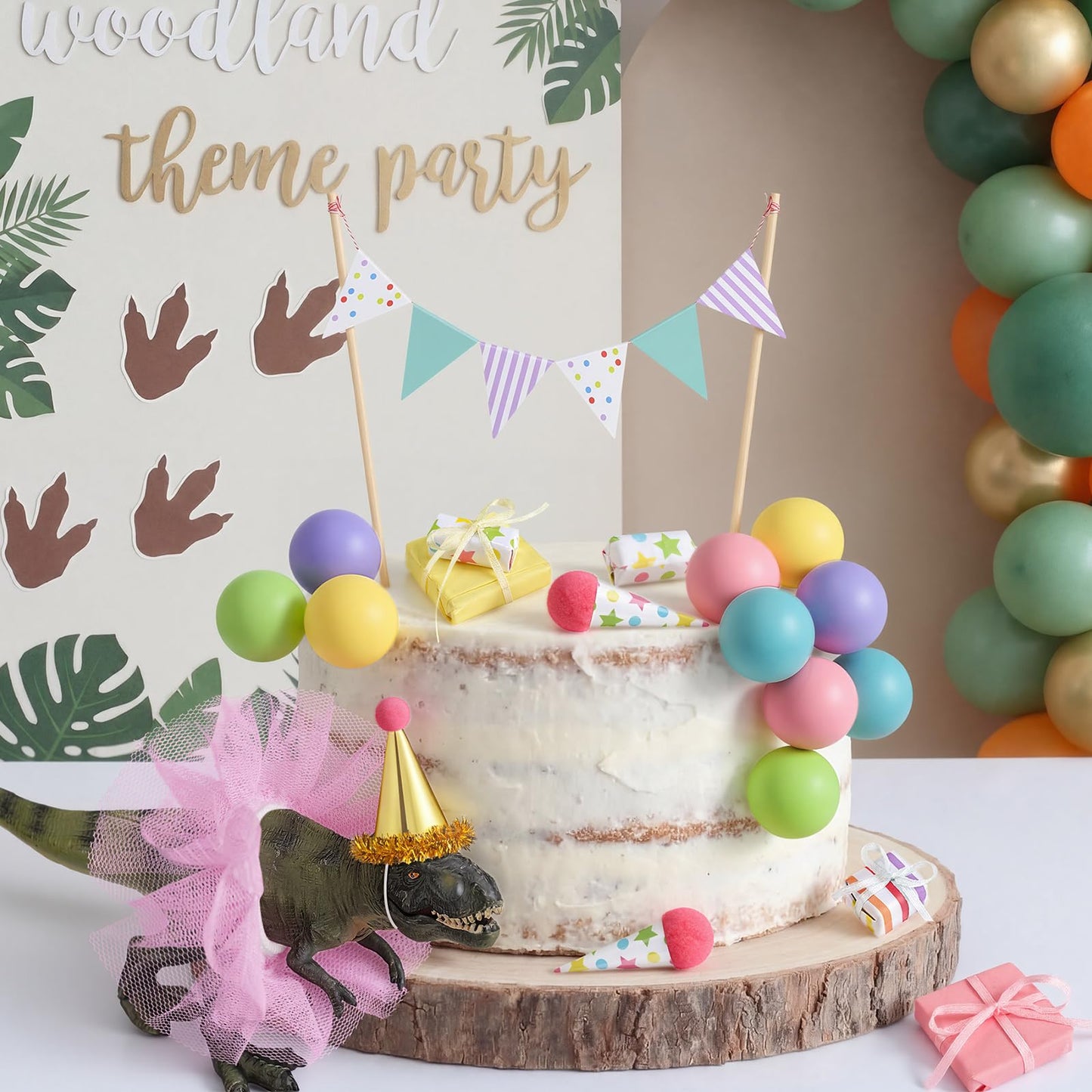 Weysat 19 Pcs Dinosaur Cake Toppers Decorations Set Mini Birthday Hat Skirt Triangle Flag Banner Decor Balls andIce Cream Cone Cake Topper for Dinosaur Theme Birthday Gender Reveal Party Decorations