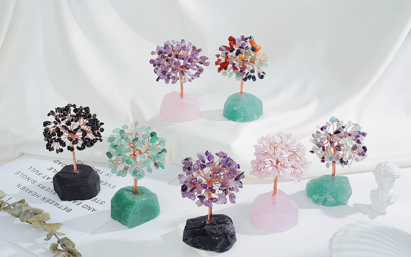 QINJIEJIE Fluorite Crystal Tree Healing Crystals Gemstone Tree Natural Stone Base Copper Wire Life Tree Money Tree Energy Desk Decor Spiritual Gifts Meditation