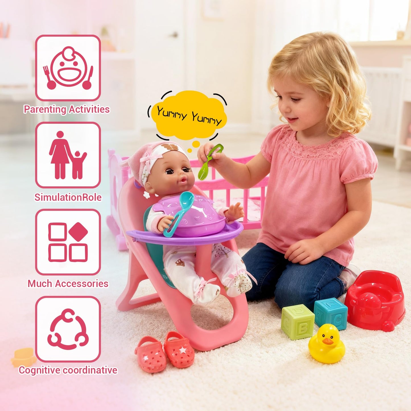 Baby Doll Toys Set with Stroller, Crib, Dining Chair, Realistic Doll Accessories for Kids Pretend Play, Dolls Care Toys Playset for Girls Toddler Ages 3 4 5 6