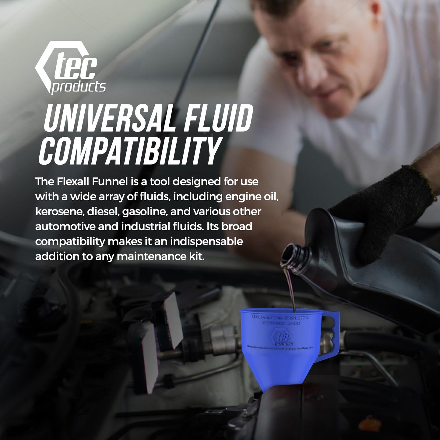 TEC Products FlexAll Long Flexible Funnels - Automotive Oil Funnel with Hose, Durable Nitrile Rubber for Oil Change, Transmission Funnel Fluid, Diesel, Fuel, Gas - Made in USA - Blue (12 x 4 Inches)
