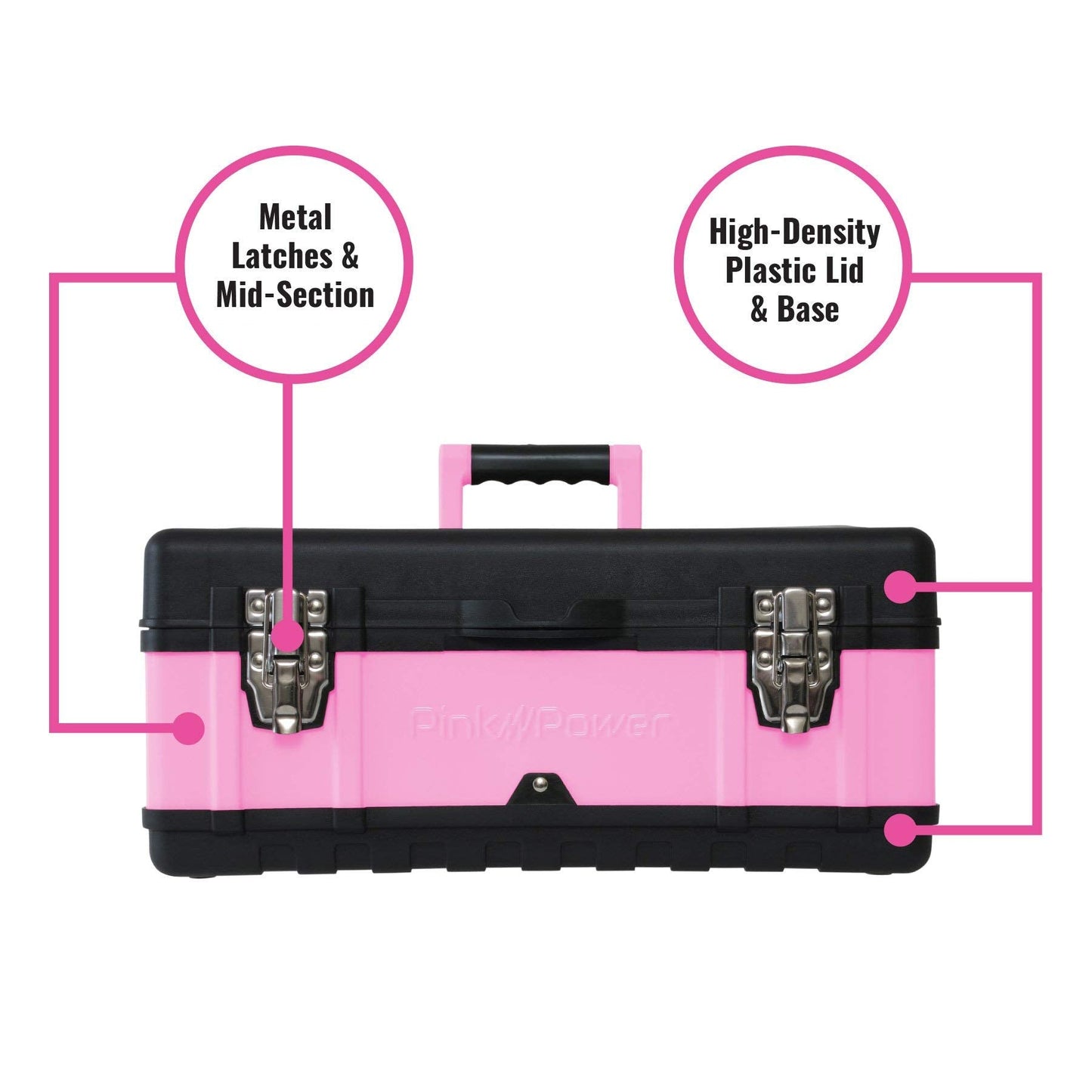 Pink Power Pink Tool Box for Women - 18" Small Metal & Plastic Portable Lightweight Locking Empty Toolbox Chest - Craft Tote Storage Case Organizer for Ladies Mini Tool Set Kit