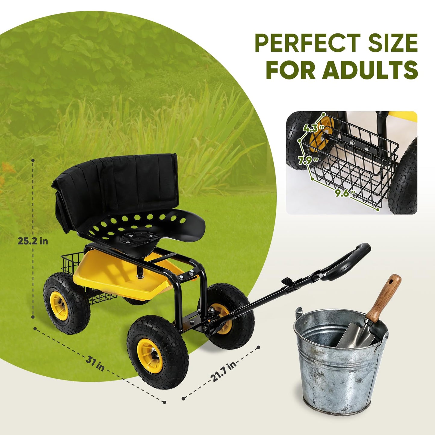 Sekey Garden Cart Rolling Workseat with Backsupport & 360ยฐ Swivel Seat, Heavy Duty Garden Scooter with Adjustable Height, Tool Tray, All-Terrain Wheels, 440 lbs Capacity for Seniors & Gardeners