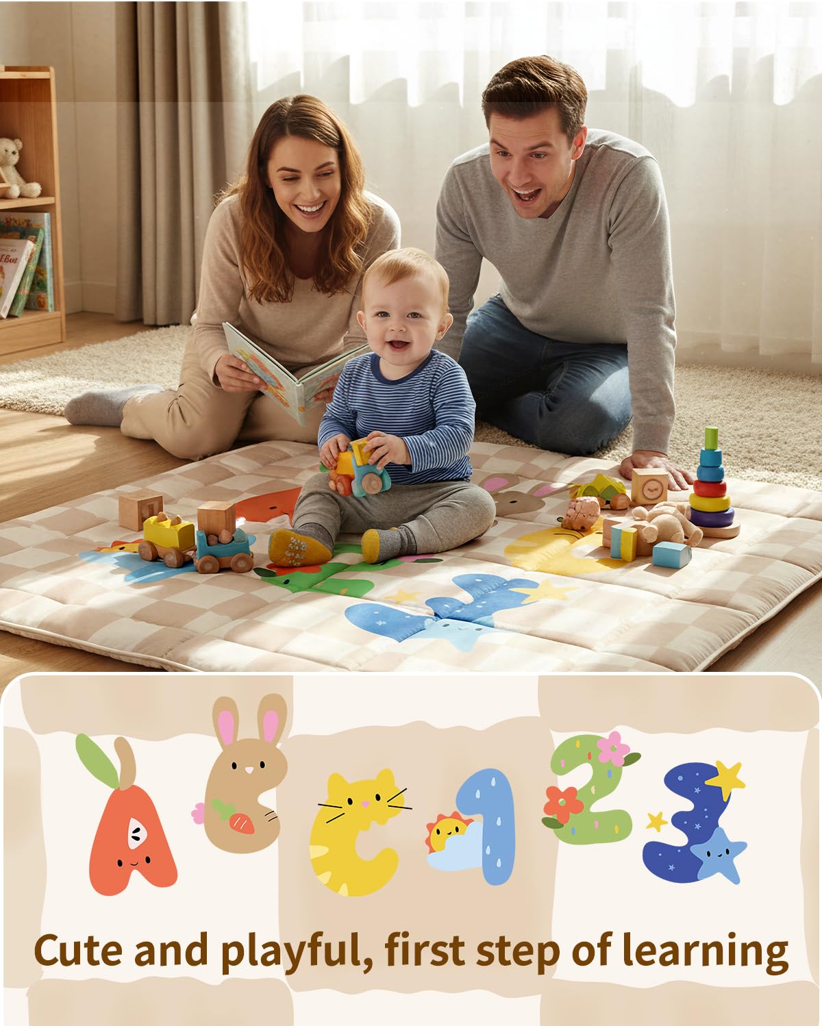 Baby Play Mat, Foldable Play Mats for Floor, 50x50 Inches Crawling Mat for Playpen with Anti-Slip Bottom, Machine Washable, Thicken Padding Foam Playmats for Babies and Toddlers (Sand Checks)