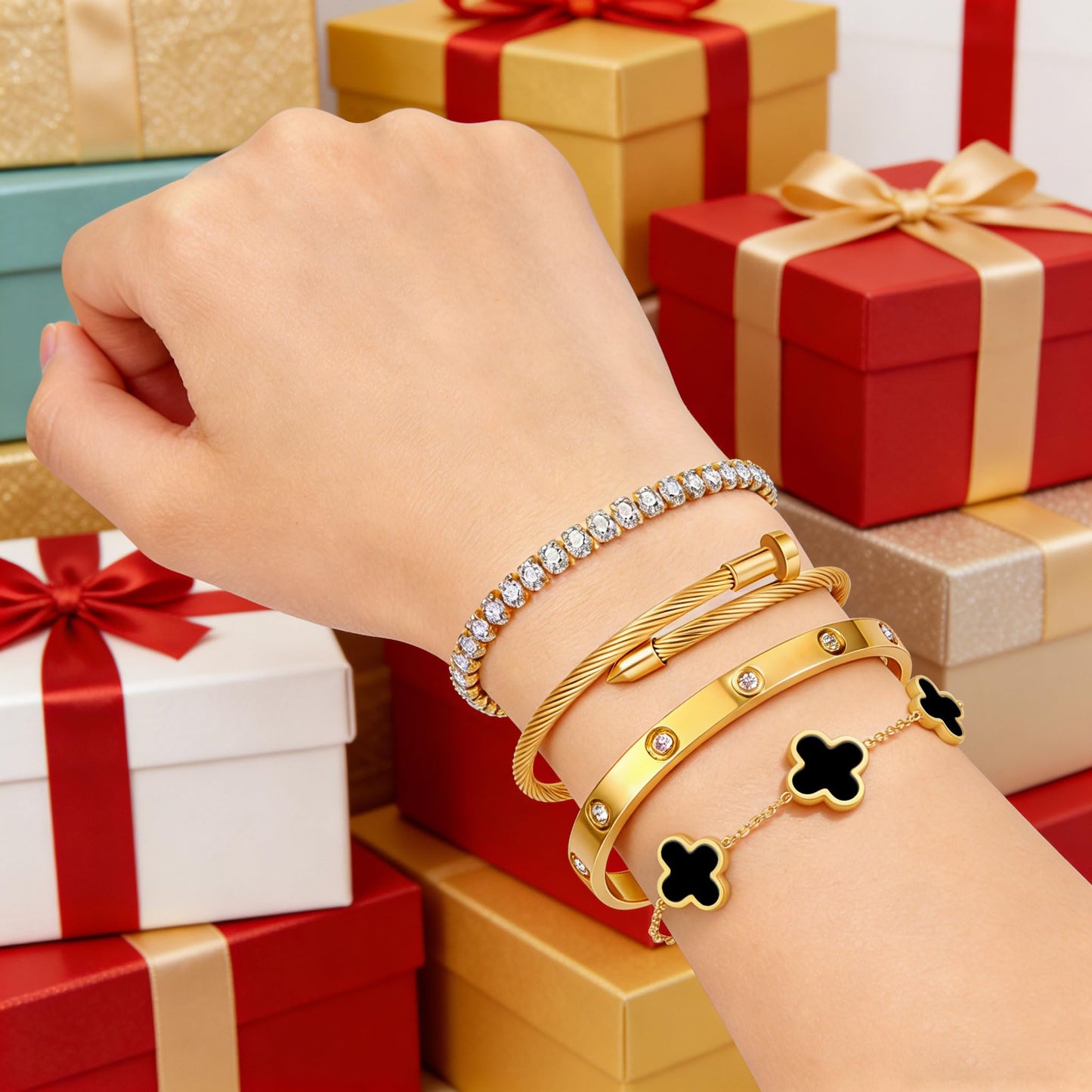 Gold Bracelets for Women, 18K Gold Plated Women Tennis Bracelets Clover Nail Love Bangle Bracelet Set, Gold Bracelet Stackable Set Trendy Jewelry, Gifts for Women's Day and Mother's Day (10-Color- 4 Black)