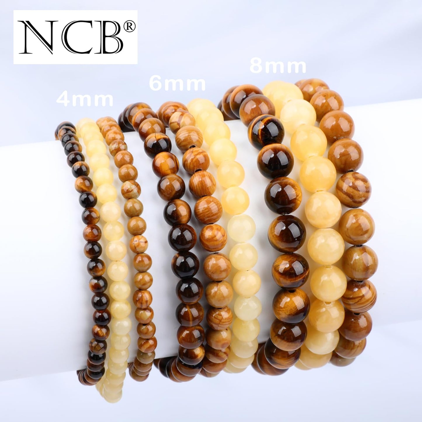 NCB 3-Piece 6mm Natural Crystal Gemstone Stretch Bracelets – Woodgrain Jasper, Yellow Jade, Yellow Tiger's Eye Handmade Reiki Energy Healing Jewelry for Meditation,Yoga, Unisex