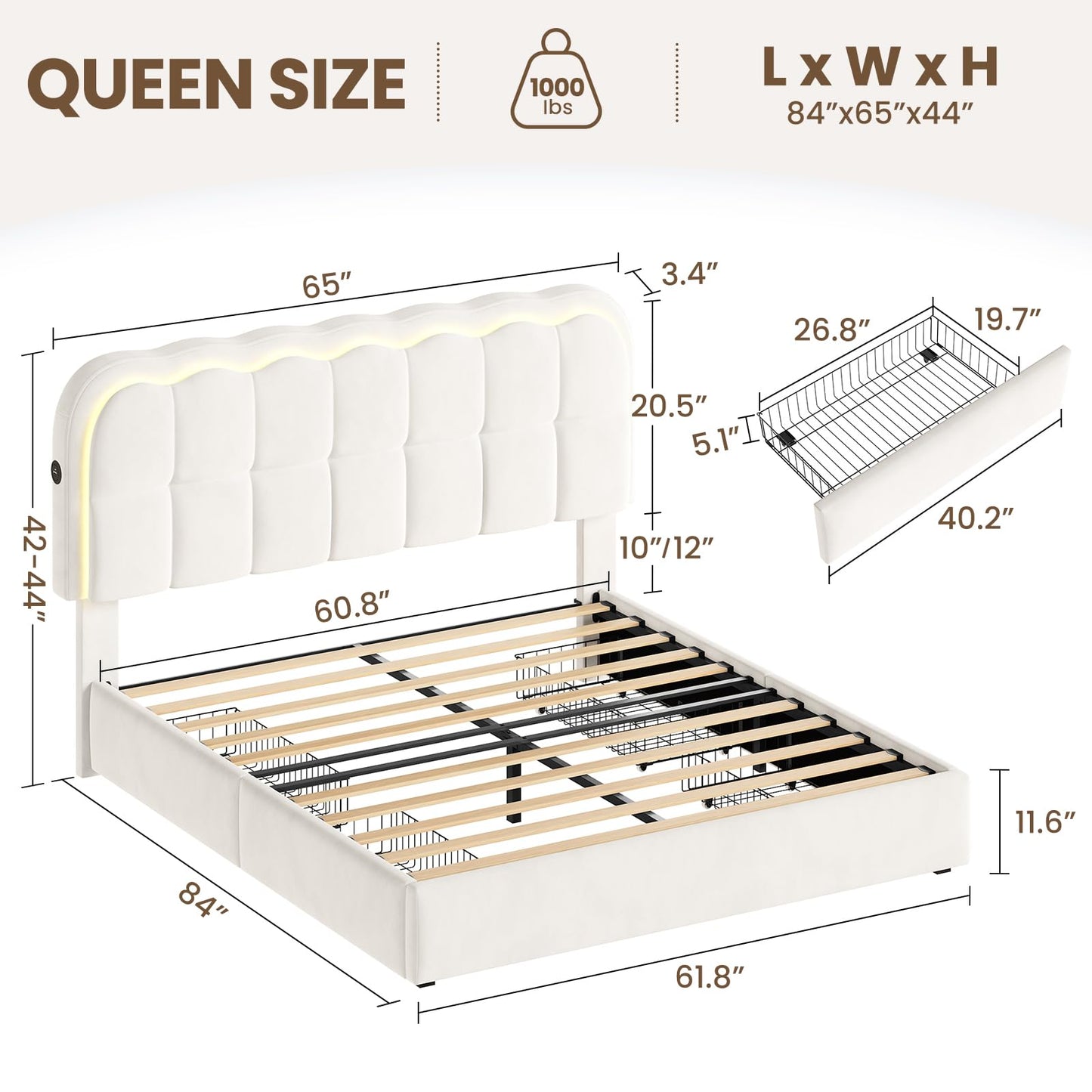 CypBed Queen Size Bed Frame with 4 Storage Drawers & LED Lights, Velvet Upholstered Platform Bed Frame with Charing Station and Adjustable Headboard, Wood Slats Support, No Box Spring Needed, White