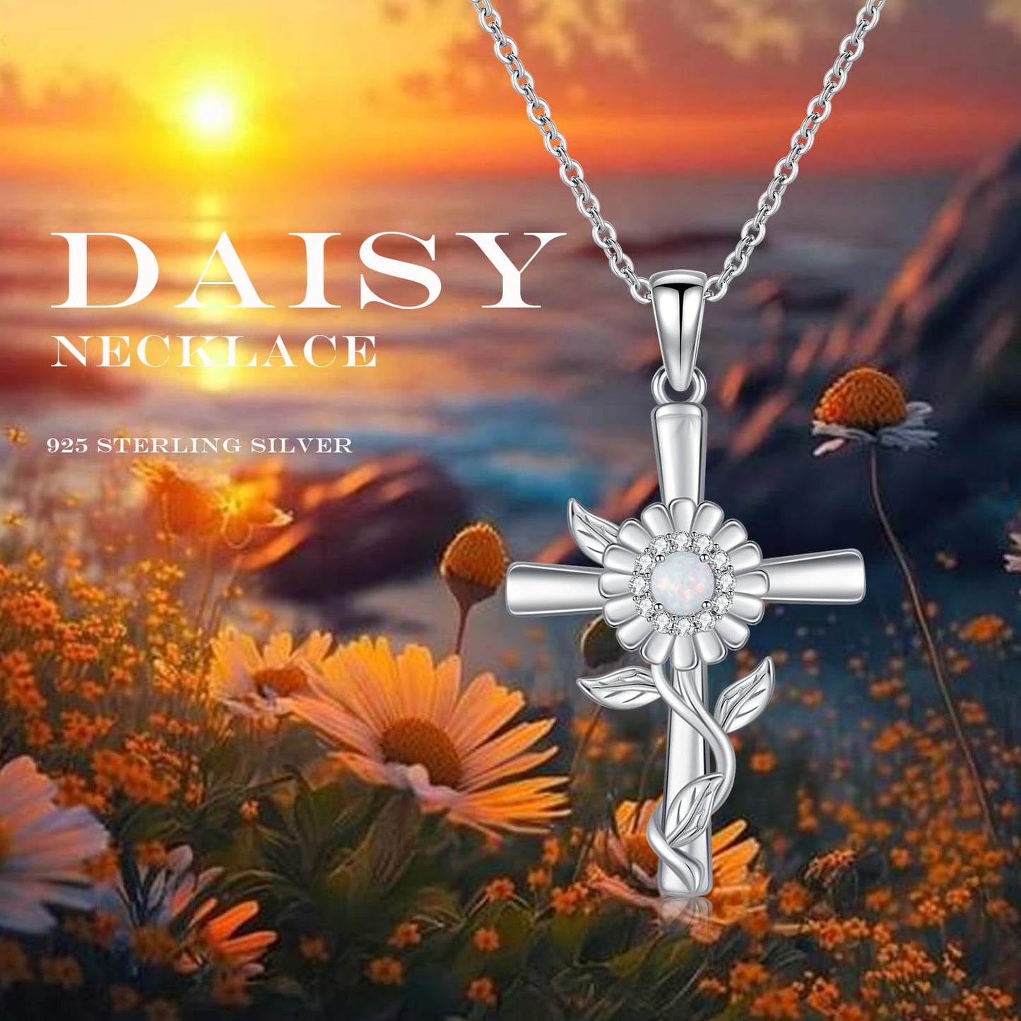 MOPOPOK Daisy Cross Necklace 925 Sterling Silver Daisy Pendant Necklace Cross jewelry Gift for Women Mom Daughter