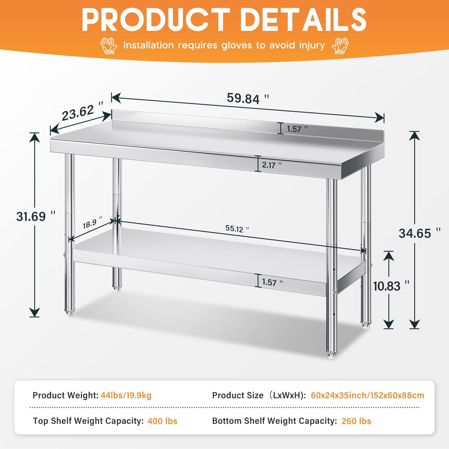 Jocisland 24" x 60" Stainless Steel Table for Prep & Work, NSF Certified with Backsplash, Adjustable Under Shelf & Safe Design for Restaurant, Home and Outdoor