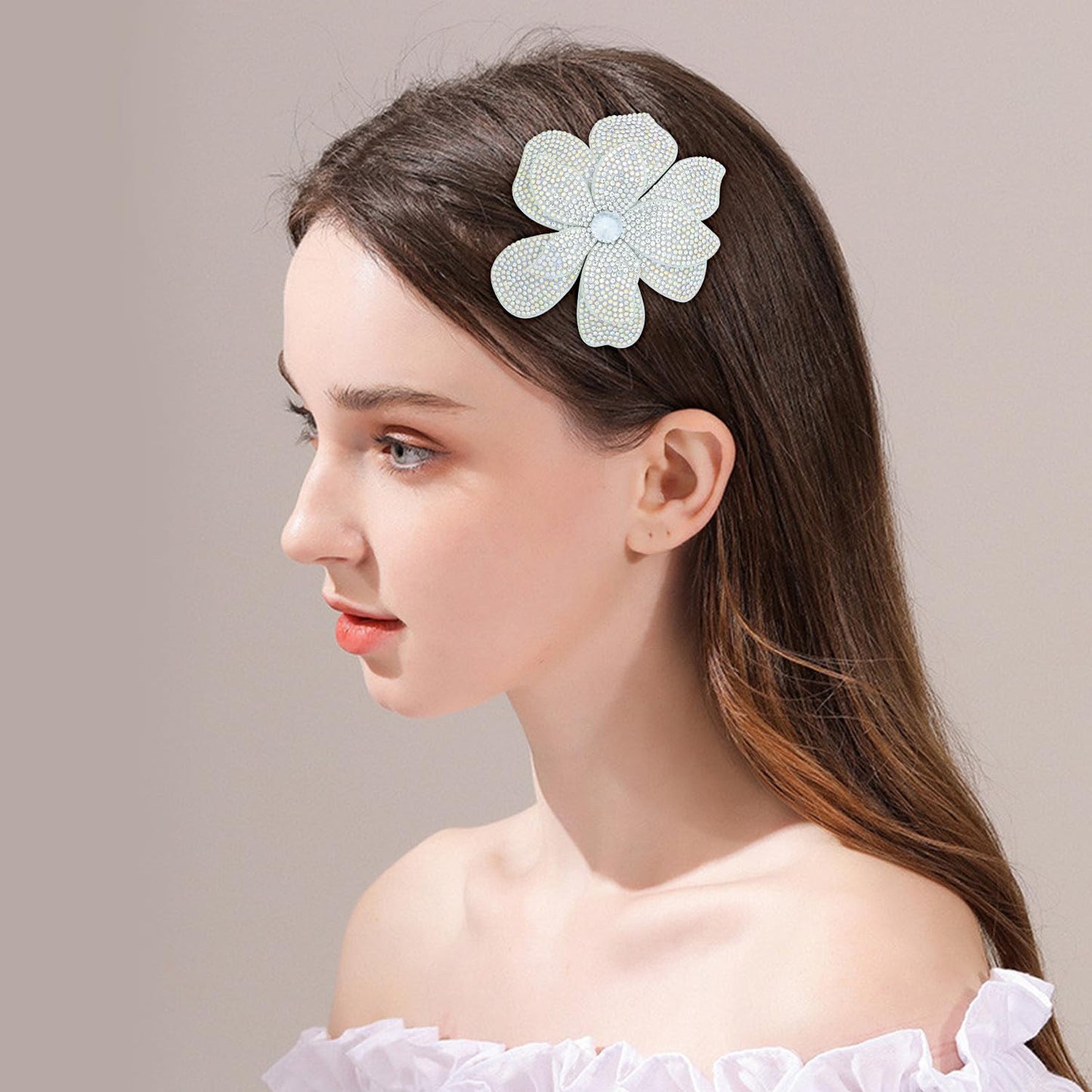 Merdia 3.74 Inches Rhinestone Camellia Flower Brooch Pins & Hair Clips for Women Elegant Created Crystal Lapel Pin Brooches Wedding Party White