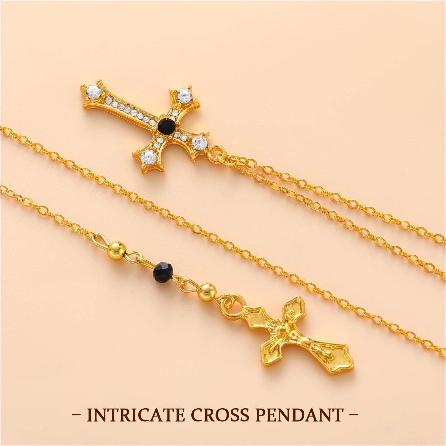 3PCS Layered Gold Cross Necklaces for Women Trendy, Bohemian Bead Pearl Y Long Pendant Necklace Set, Vintage Rosary Necklace Stack Adjustable Length