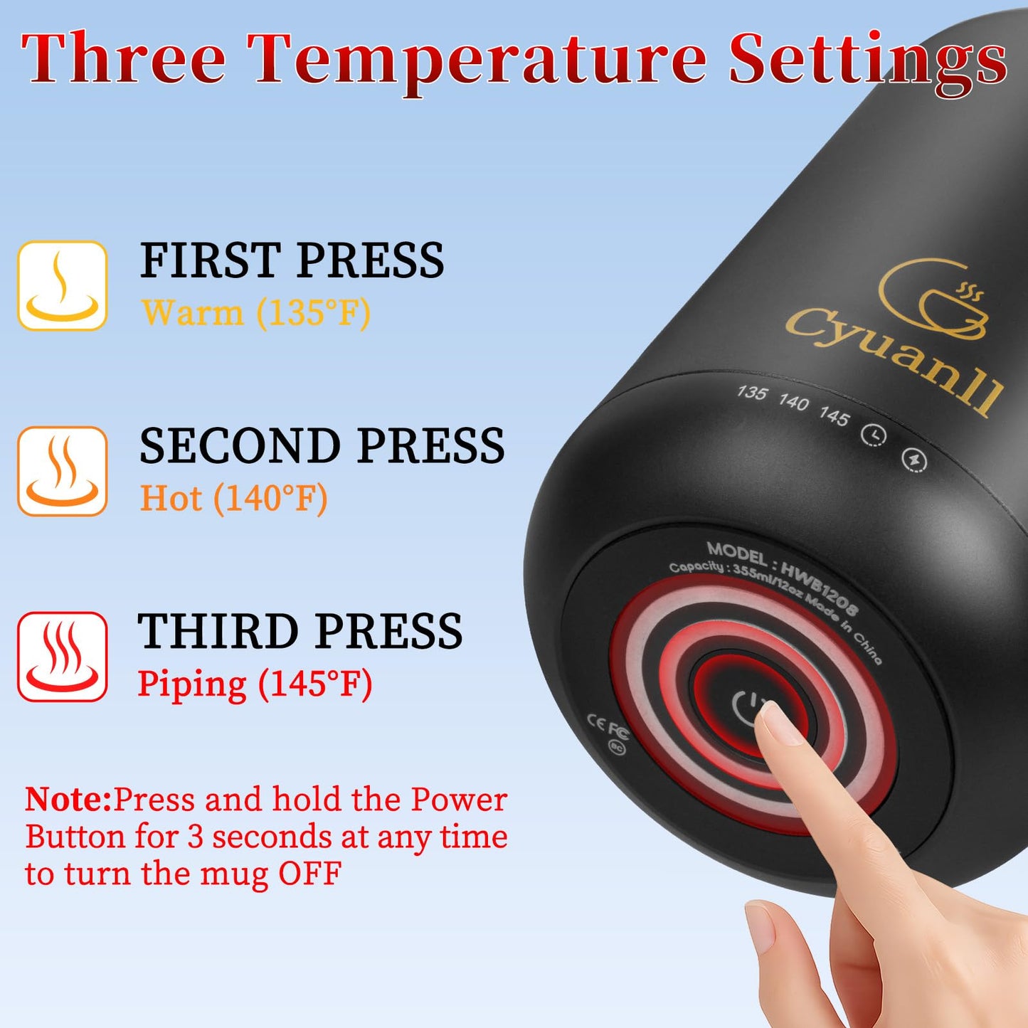 Upgraded Heated Coffee Mug with Auto Shut-Off Function,Self-Heating Temperature Control Mug with Lid and Spoon,Smart Mugs Warmer for Coffee,3 Temperature Settings,Gifts for Men and Women(Black-12 oz)