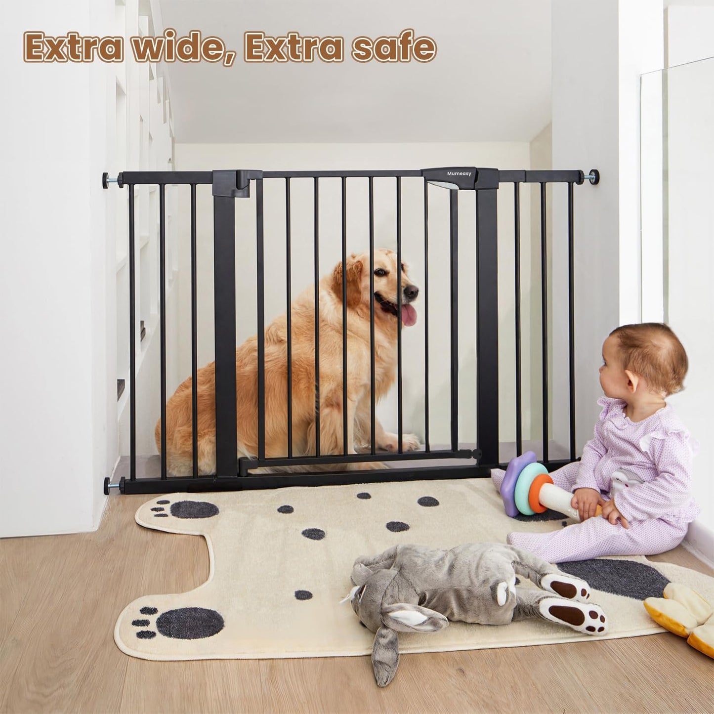 Mumeasy Baby Gate Extra Wide, 29.5-51'' Pressure Mounted Dog Gate with Walk Thru Door, Auto Close Pet Gate for House, Stairs, Doorways,Black