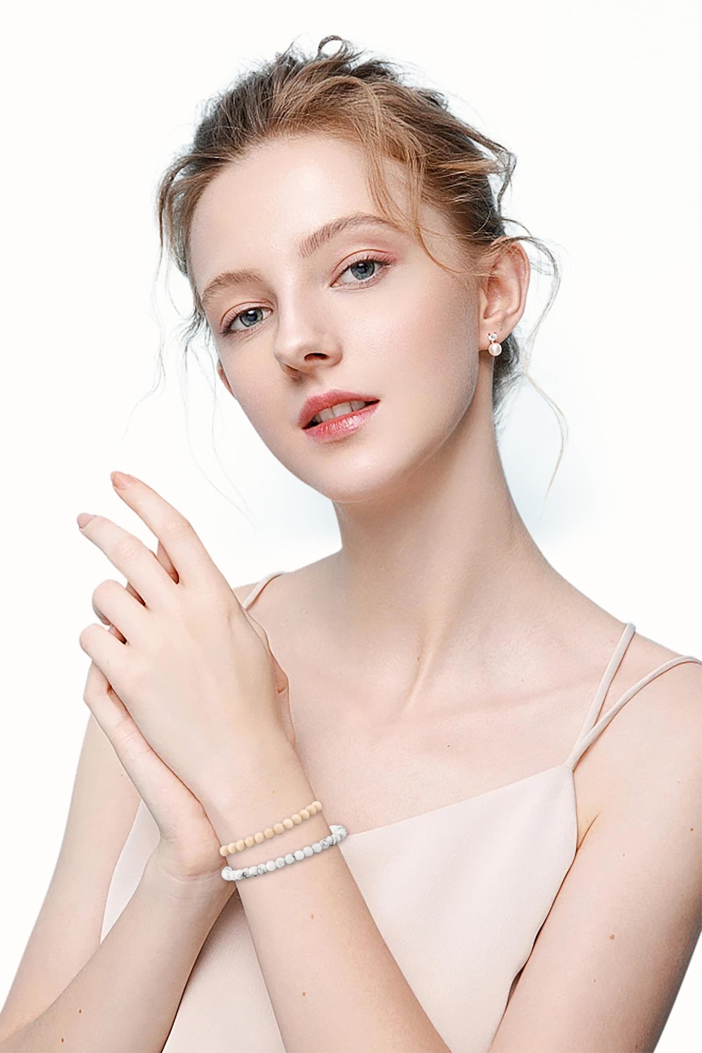 NCB 2-Piece 4mm Natural Crystal Gemstone Stretch Bracelets – Howlite, White Fossil Jasper Handmade Reiki Energy Healing Jewelry for Meditation,Yoga, Unisex