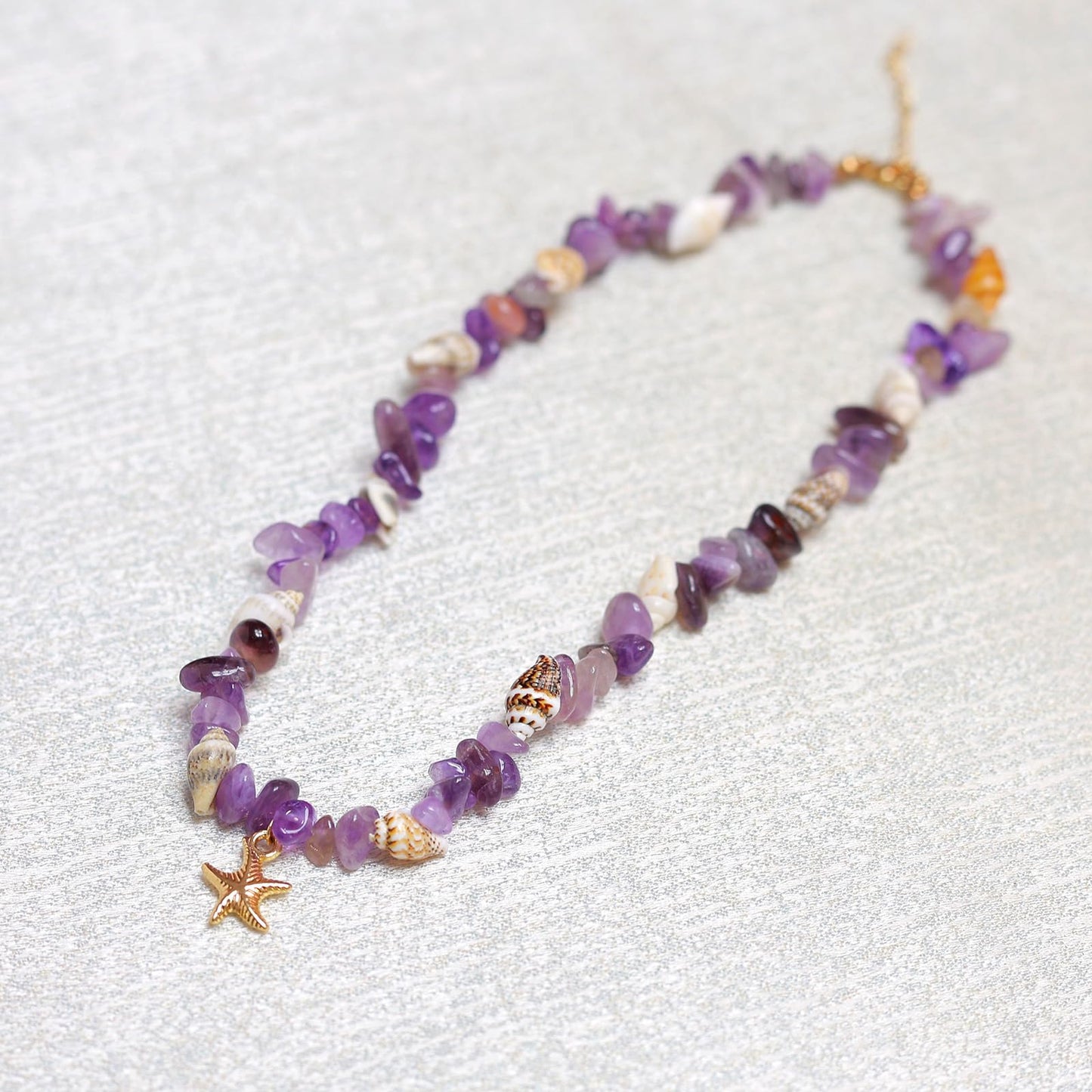 Amethyst Necklace for Women, 14K Gold Plated Dainty Starfish Natural Amethyst Crystal Beaded Necklaces Waterproof Handmade Beach Summer Boho Choker Bead Ocean Beachy Vacation Necklace for Women
