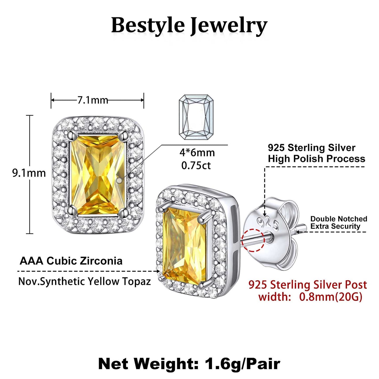 Bestyle Classic S925 Sterling Silver Love Square Earrings, Dainty November Critine Crystals Birthstone Studs, Anniversary/Mother’s Day/Birthday Jewelry Gifts for Women Mom/Wife/Sister/Best Friend