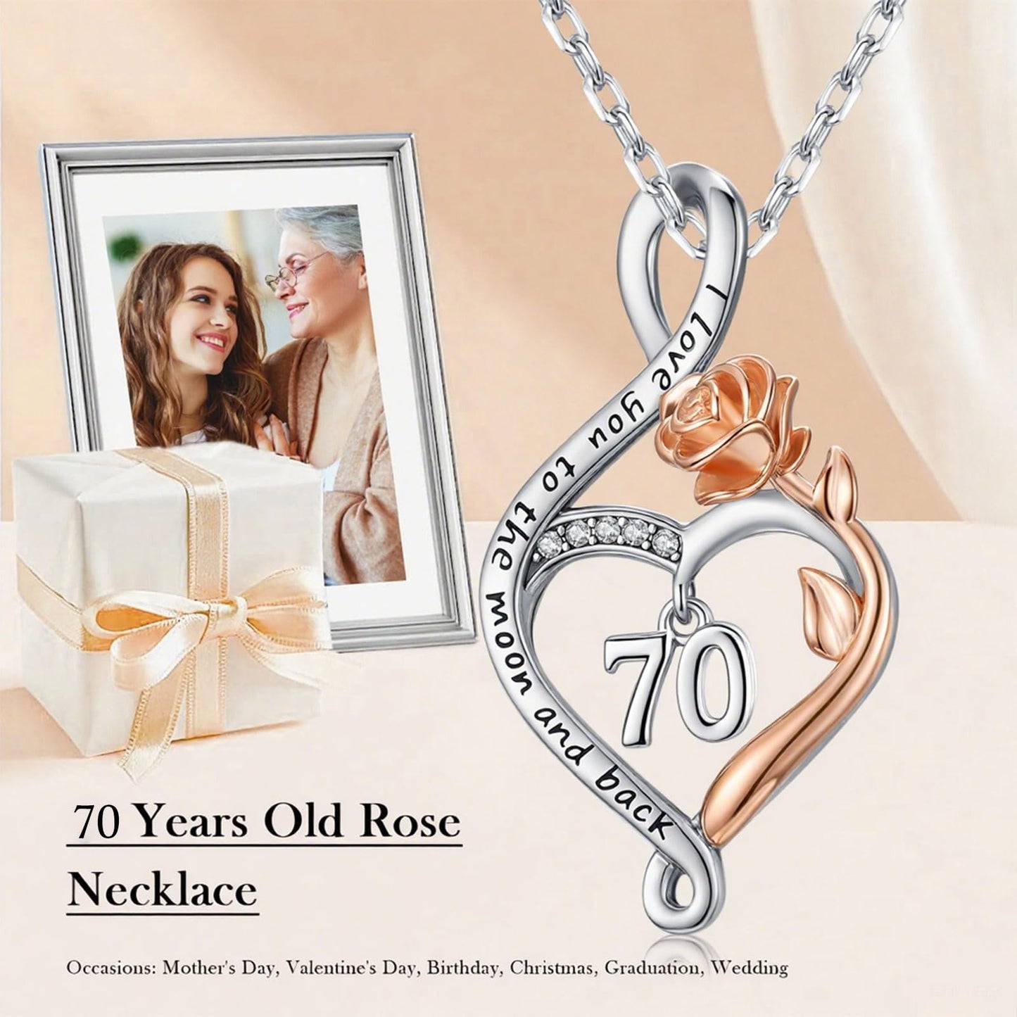 KoyeKei 70th Birthday Gifts for Women 70 Year Old Necklace 925 Sterling Silver Rose Flower Heart Infinity Pendant Jewelry Birthday Mothers Day Gifts for Wife Nana Granddaughter