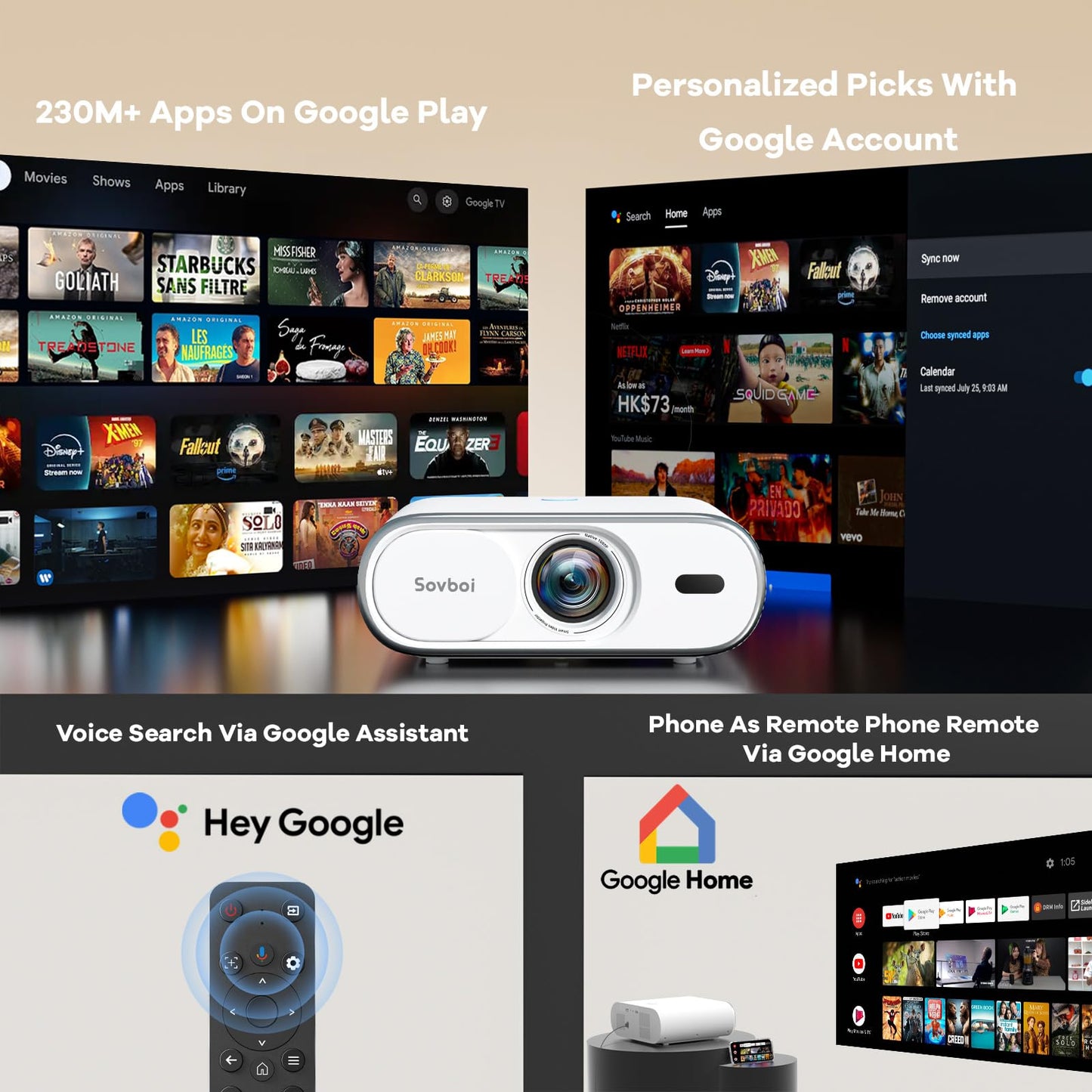 Projector Compatible with Google TV|1800 ANSI|Auto Lens Cap&4D Keystone|Auto Focus|Voice Control Portable Outdoor Projector 4K with WiFi and Bluetooth, Sovboi Smart Proyector for Netflix Home Theater