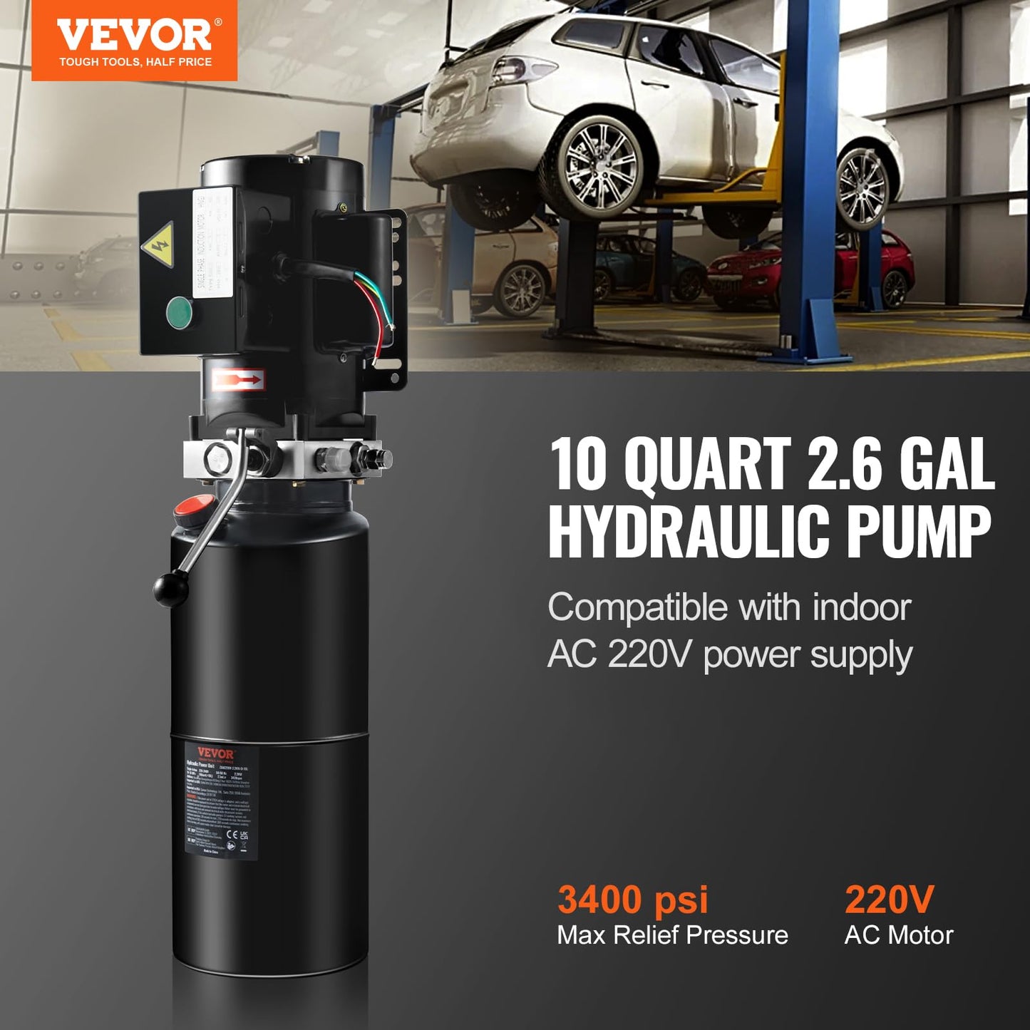 VEVOR Hydraulic Power Unit 220V 10 Quart Car Lift 3HP Hydraulic Pump Power Unit Single Phase Hydraulic Pumps with 10L Steel Tank Hydraulic Power Unit for Auto Repair Single Phase