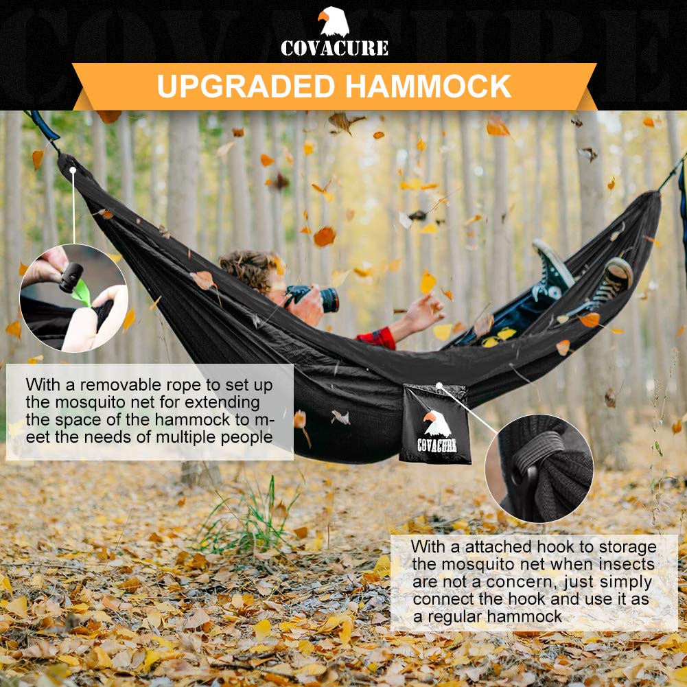 Covacure Camping Hammock - 772lbs Capacity Double Hammock with Tree Straps, Lightweight Parachute Nylon Outdoor Survival Gear for Hiking, Backpacking, Travel or Backyard (Black)