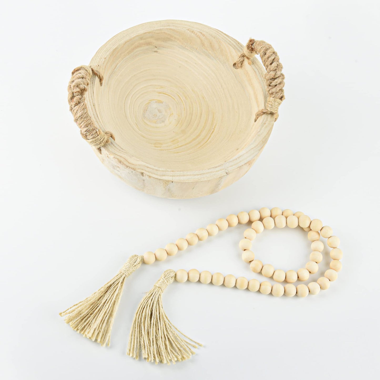 Paulownia Wood Bowl Rustic Wooden Dough Decorative Round Serving Key Bowl with Rope Handle and Wood Bead Garland for Christmas Tabletop Centerpiece Home Decor 9.5 inches